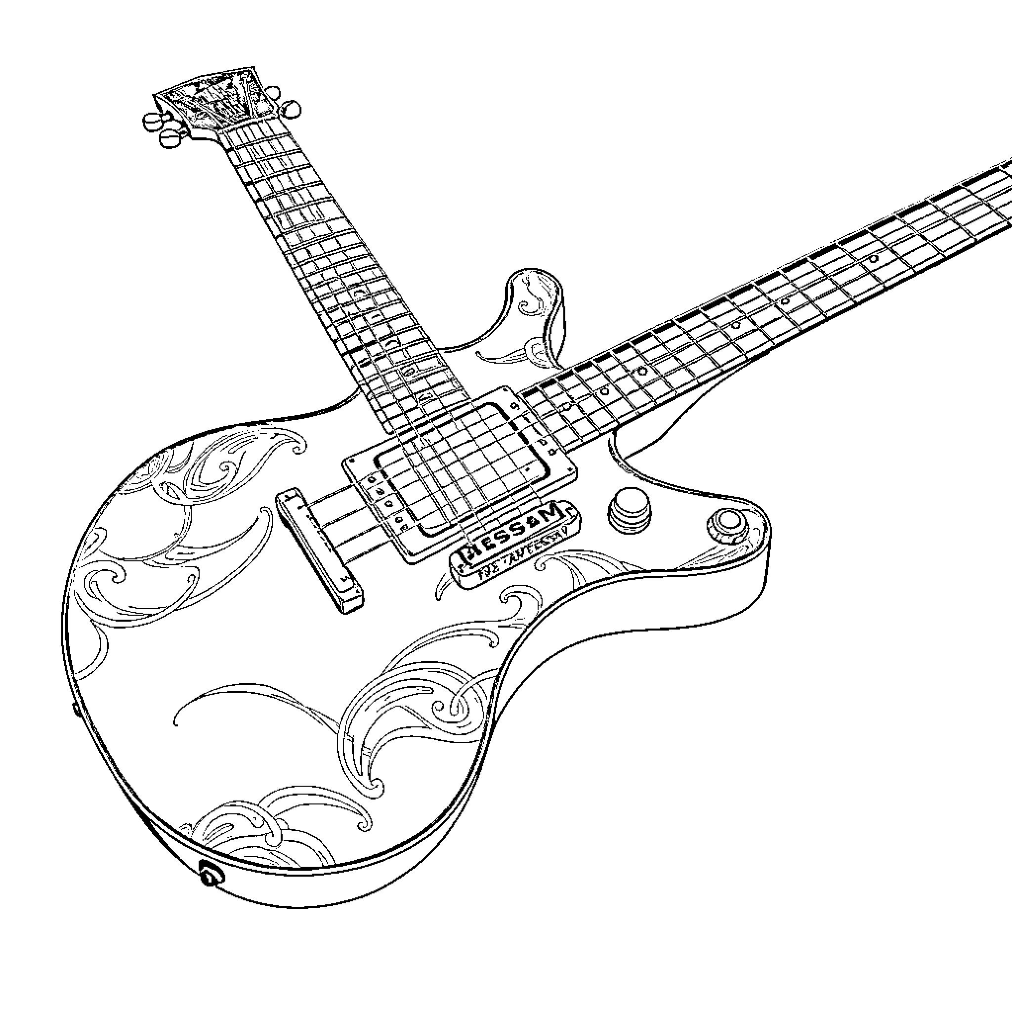 Guitar with intricate designs and patterns Coloring Page (free black-and-white line drawing printable PDF for all, from beginners to advanced learners, including children, teens, adults, and seniors)