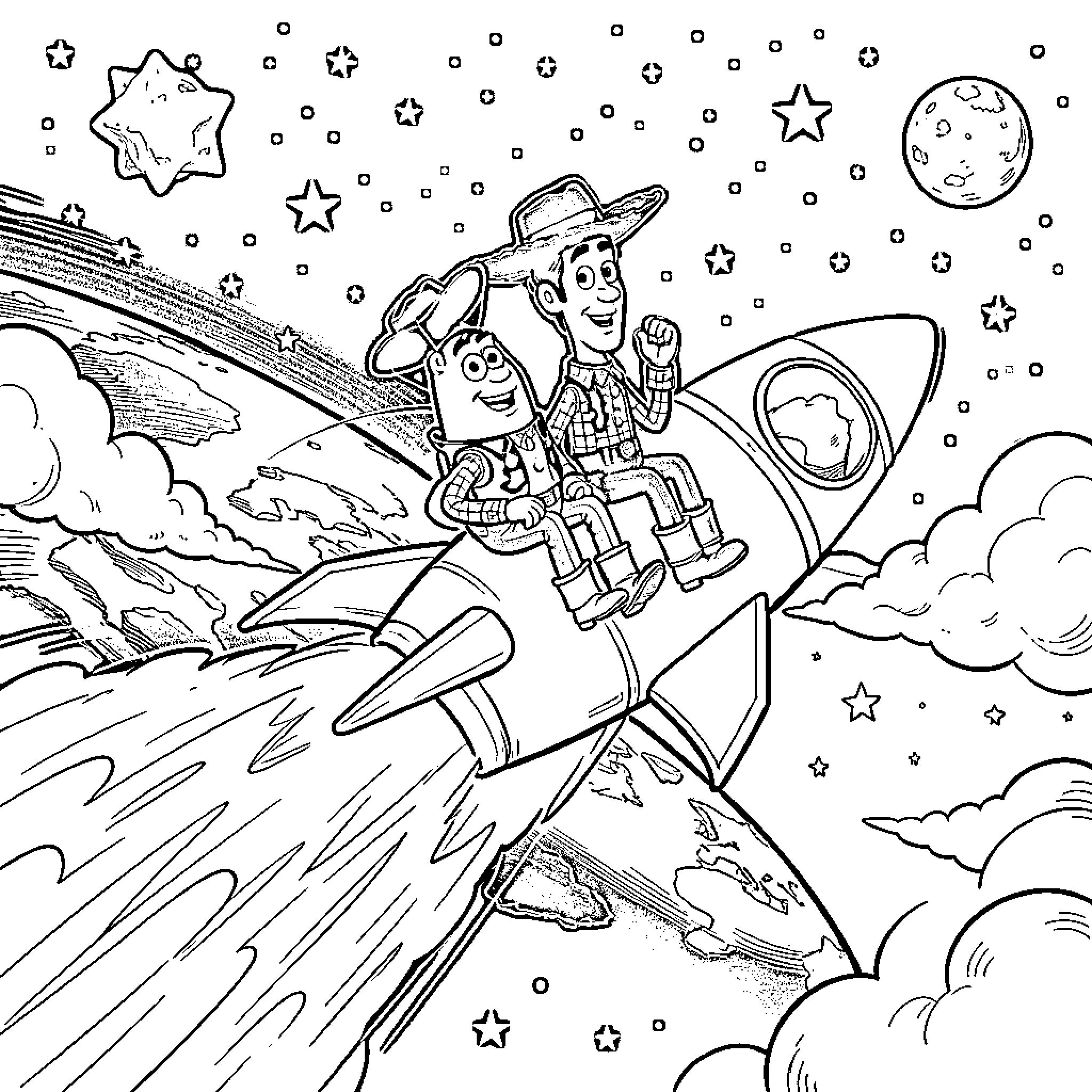 Buzz Toys Blast Off to the Stars Coloring Page (free black-and-white line drawing printable PDF for all, from beginners to advanced learners, including children, teens, adults, and seniors)