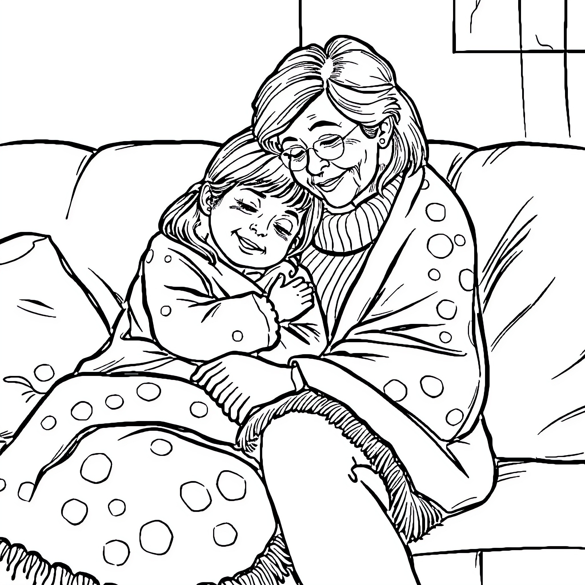 Grandma comforting her grandchild on the sofa Coloring Page (free black-and-white line drawing printable PDF for all, from beginners to advanced learners, including children, teens, adults, and seniors)