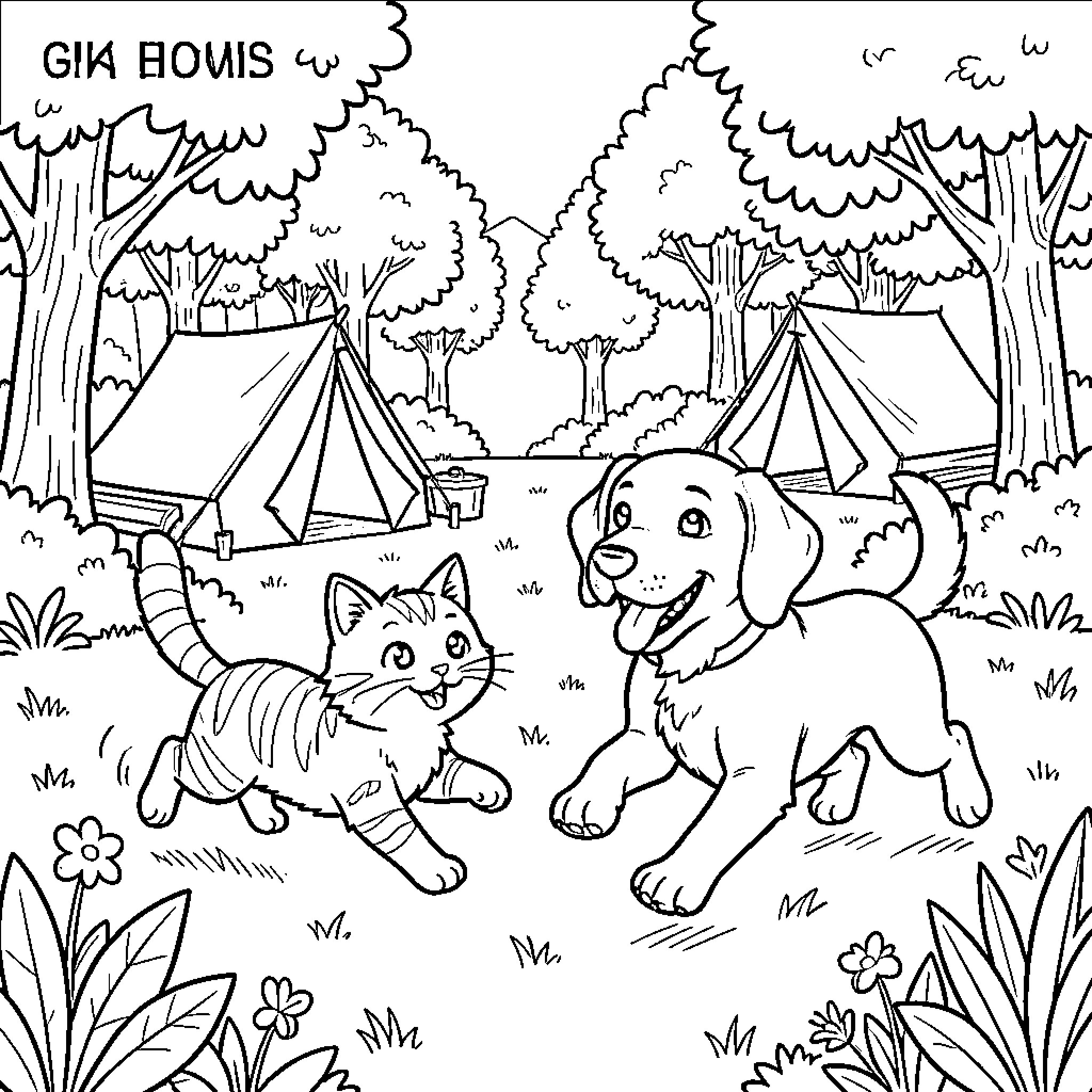 Cat and dog exploring camping site in the woods Coloring Page (free black-and-white line drawing printable PDF for all, from beginners to advanced learners, including children, teens, adults, and seniors)
