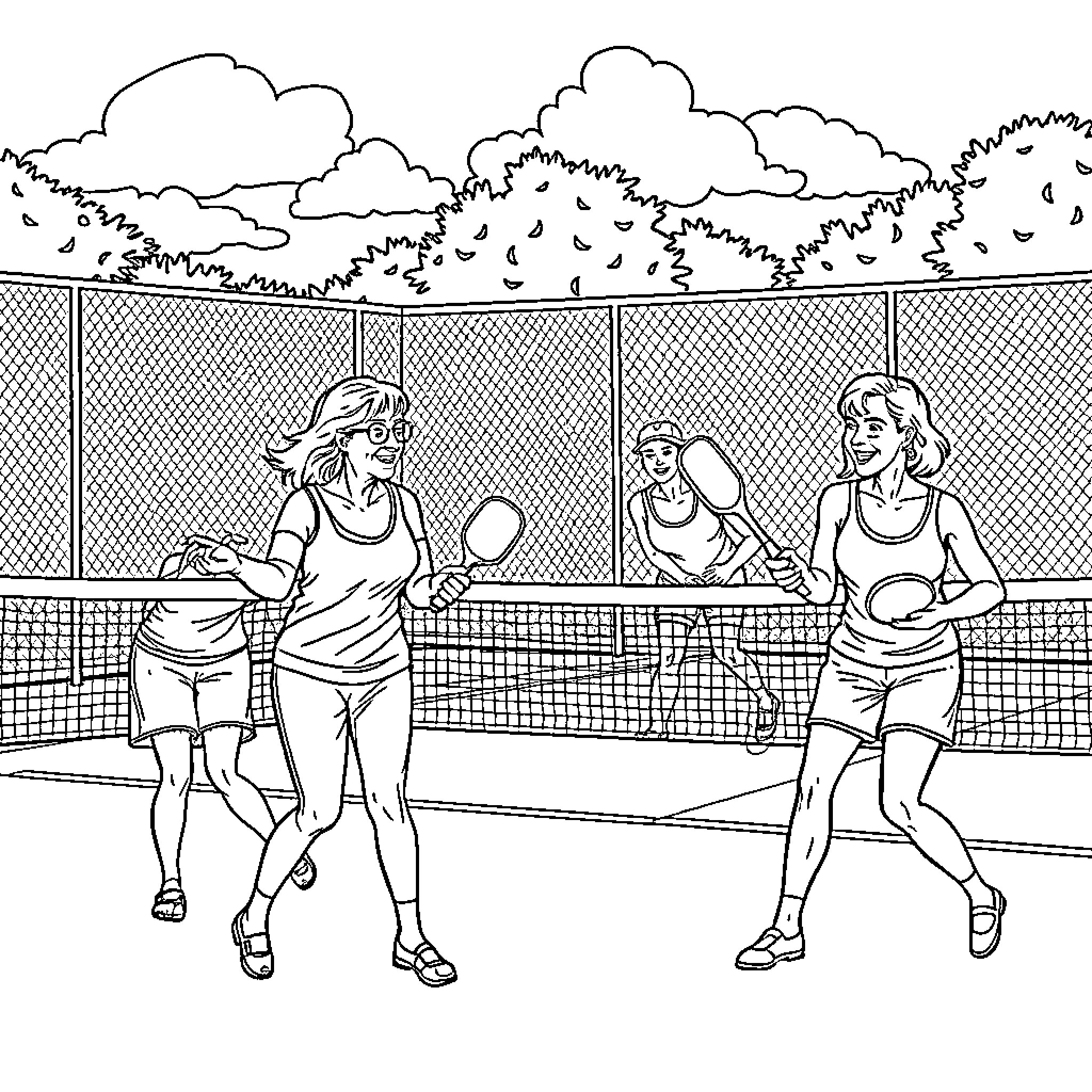 Ladies playing tennis in the park Coloring Page (free black-and-white line drawing printable PDF for all, from beginners to advanced learners, including children, teens, adults, and seniors)
