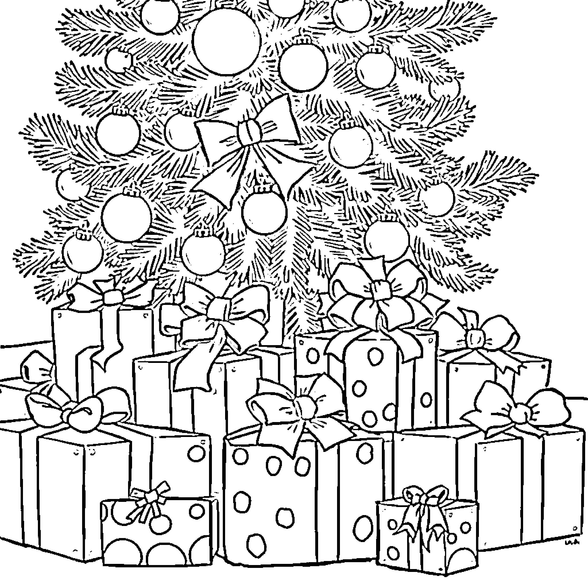 Christmas Present - Decorated Tree and Wrapped Gifts Coloring Page (free black-and-white line drawing printable PDF for all, from beginners to advanced learners, including children, teens, adults, and seniors)