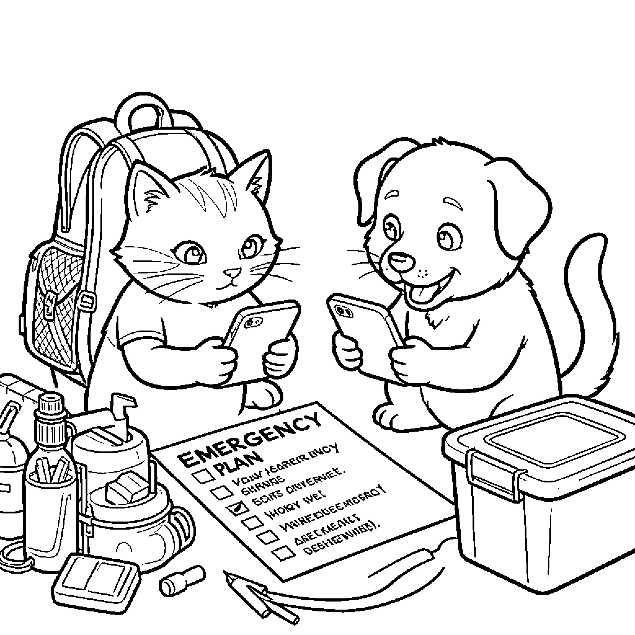 Cat and Dog Preparing Emergency Plan Coloring Page (free black-and-white line drawing printable PDF for all, from beginners to advanced learners, including children, teens, adults, and seniors)
