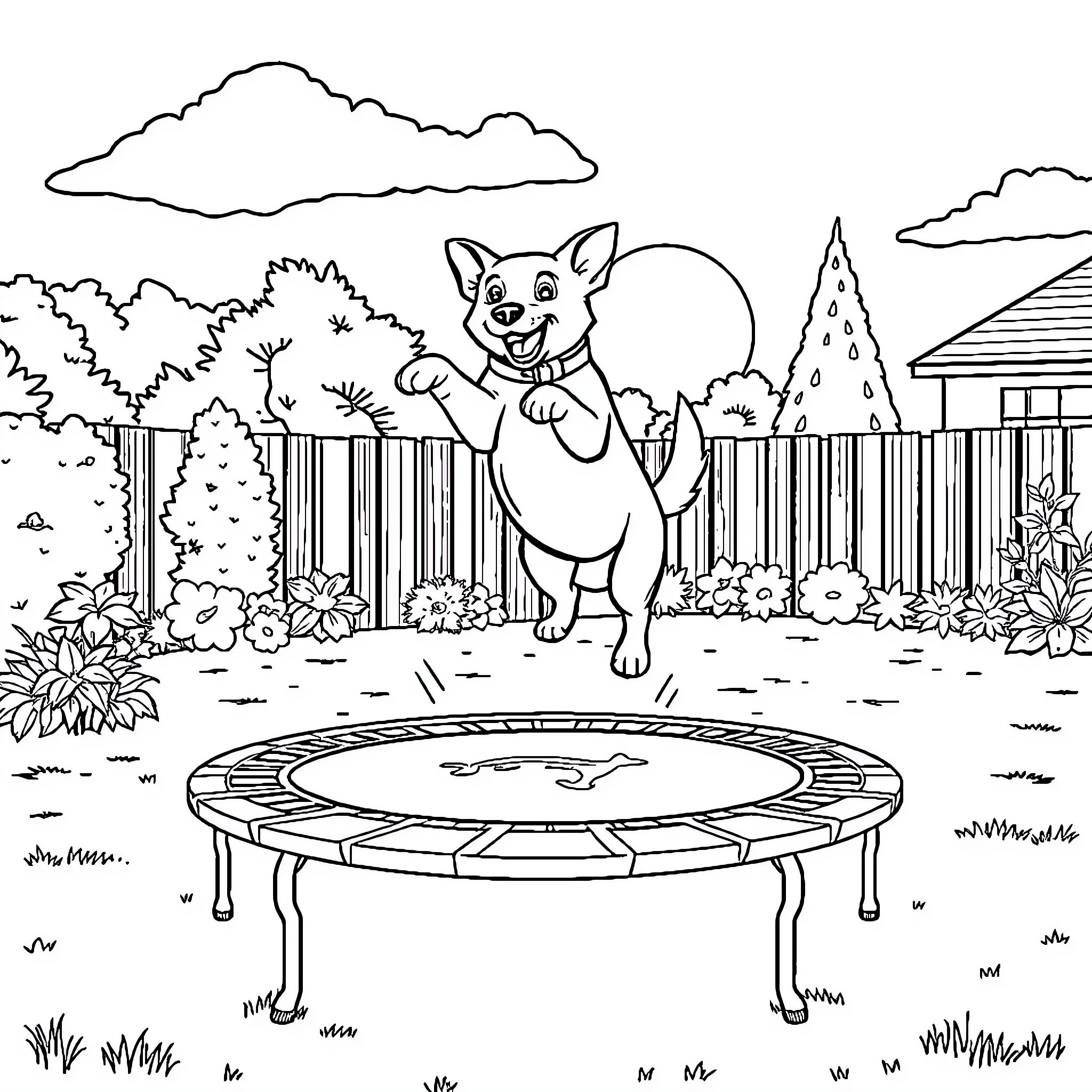 Dog jumping happily on trampoline in backyard Coloring Page (free black-and-white line drawing printable PDF for all, from beginners to advanced learners, including children, teens, adults, and seniors)