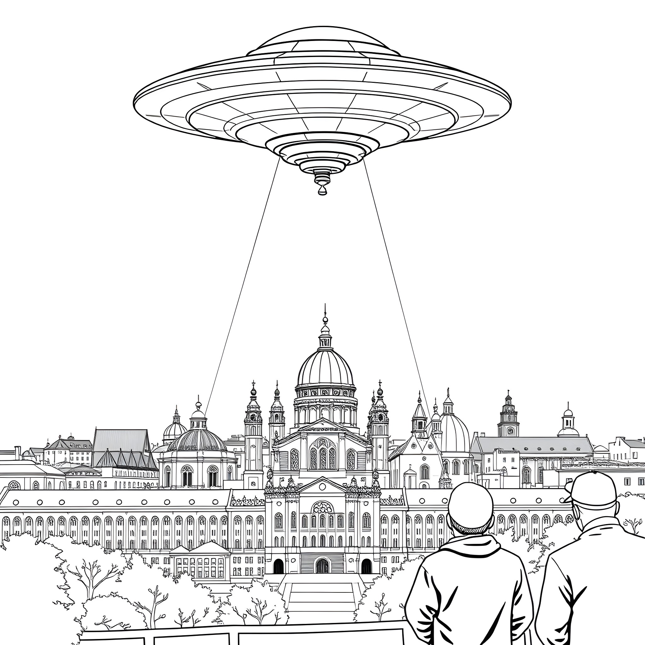 UFO hovering over a historic city skyline Coloring Page (free black-and-white line drawing printable PDF for all, from beginners to advanced learners, including children, teens, adults, and seniors)