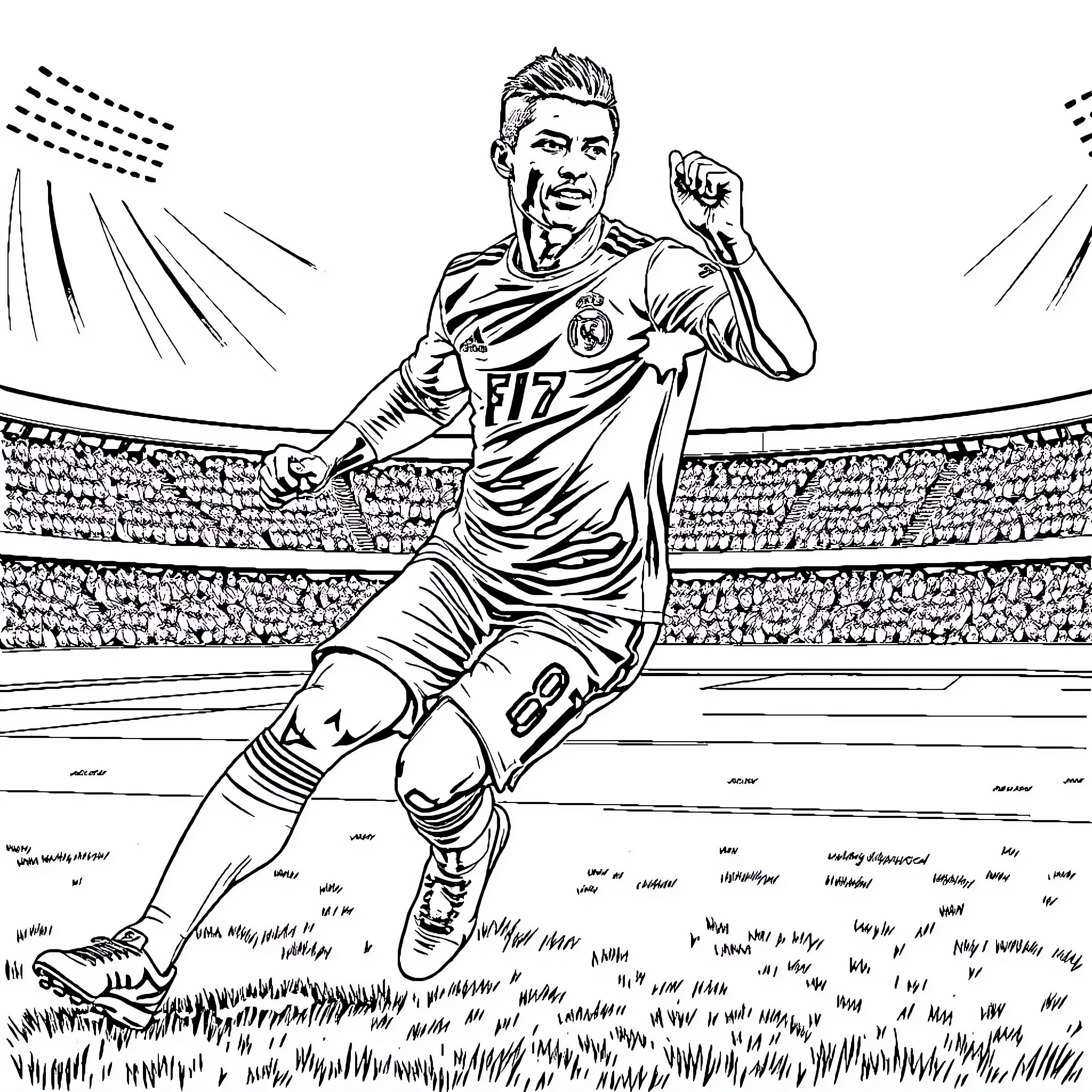 Cr7 Celebrating Goal in Stadium Coloring Page (free black-and-white line drawing printable PDF for all, from beginners to advanced learners, including children, teens, adults, and seniors)
