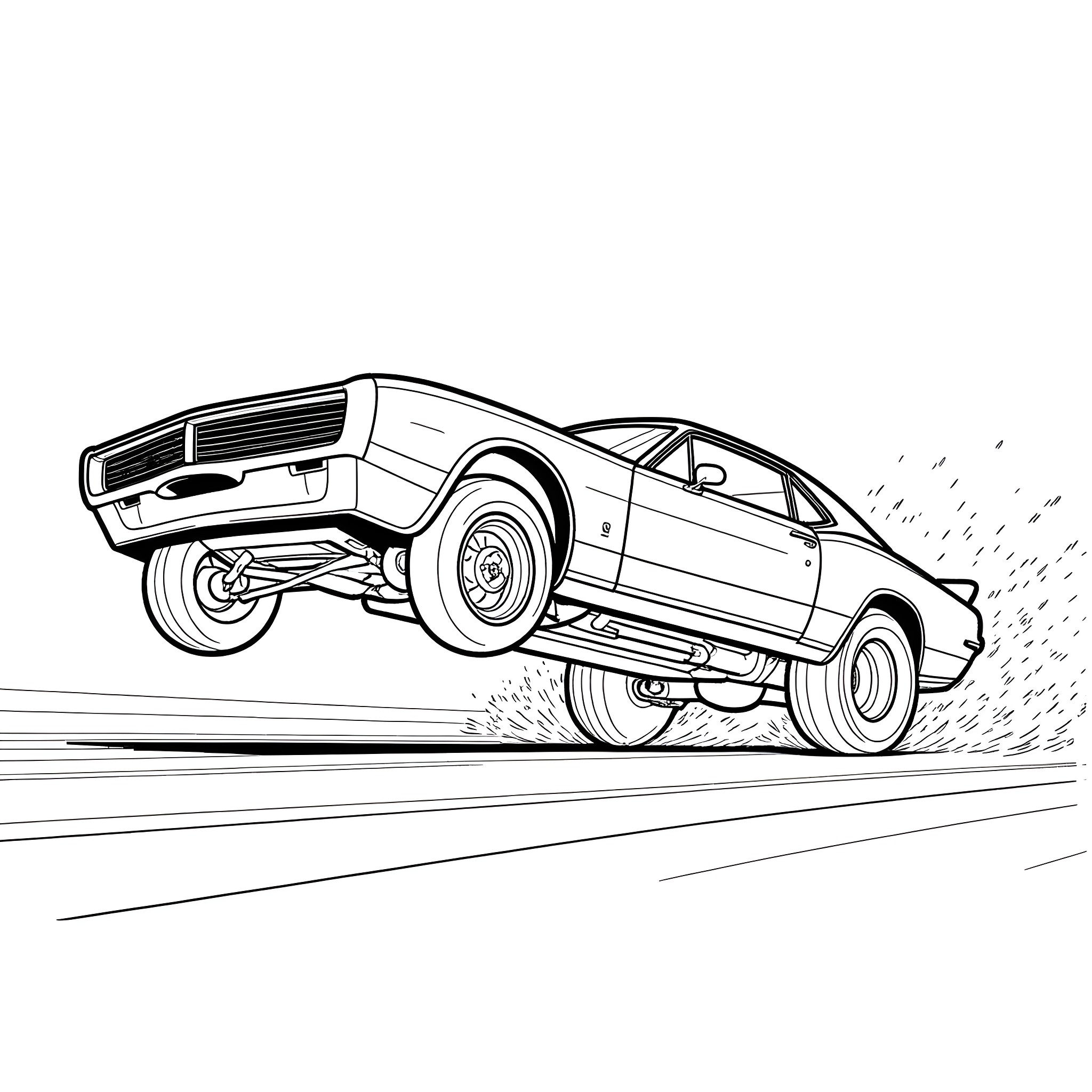 Car speeding down the road Coloring Page (free black-and-white line drawing printable PDF for all, from beginners to advanced learners, including children, teens, adults, and seniors)
