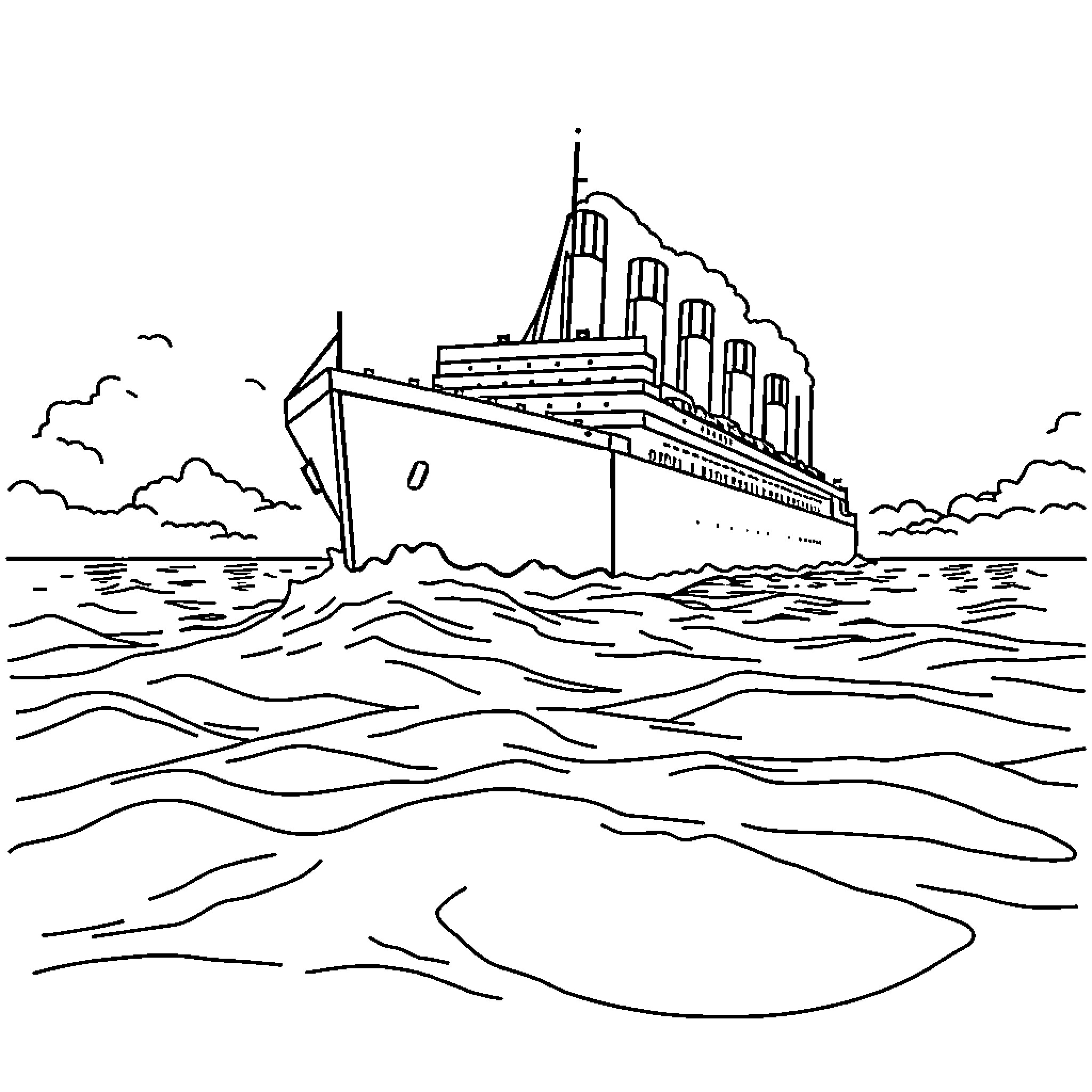 Titanic sailing majestically across the ocean Coloring Page (free black-and-white line drawing printable PDF for all, from beginners to advanced learners, including children, teens, adults, and seniors)