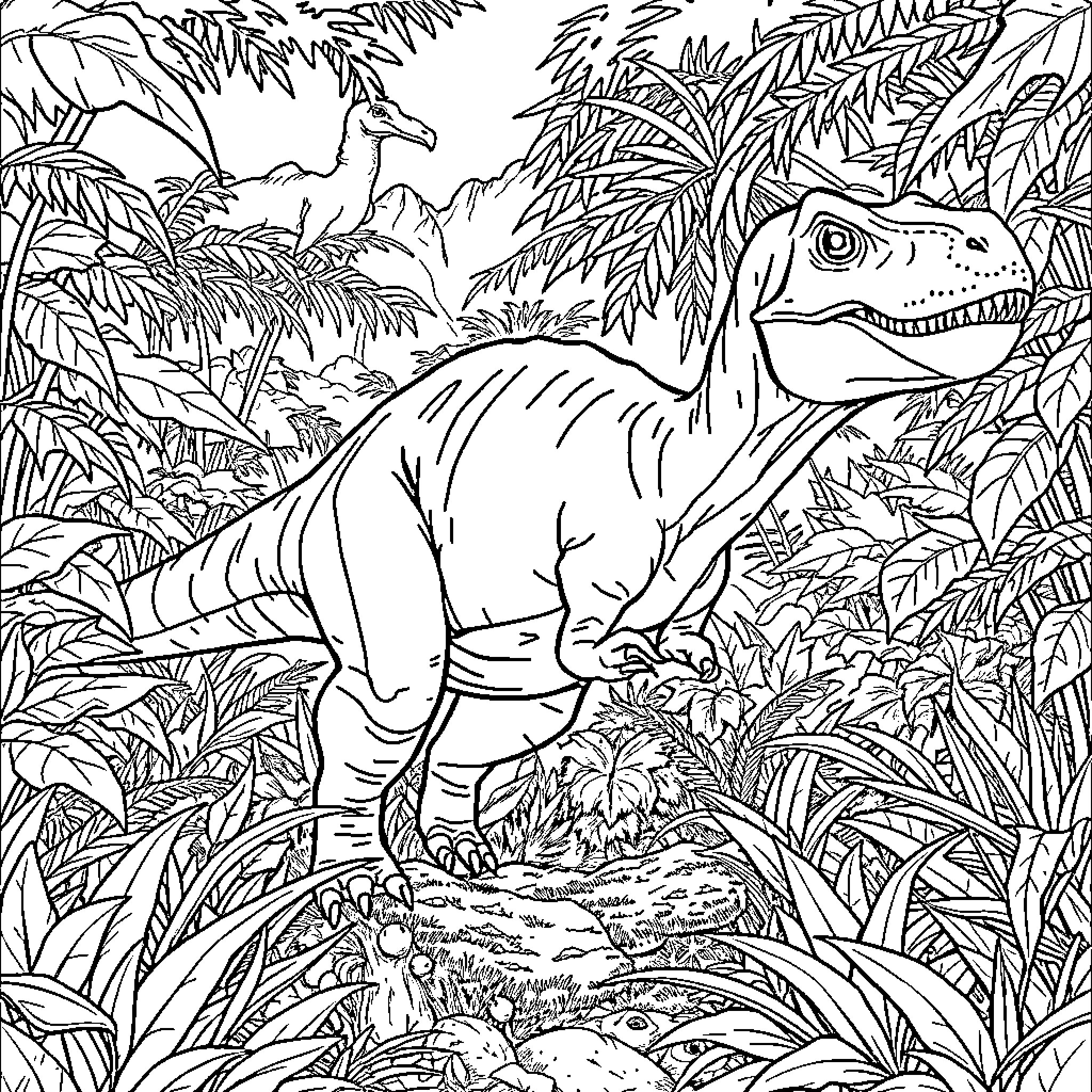 Dinosaur in a lush jungle landscape Coloring Page (free black-and-white line drawing printable PDF for all, from beginners to advanced learners, including children, teens, adults, and seniors)