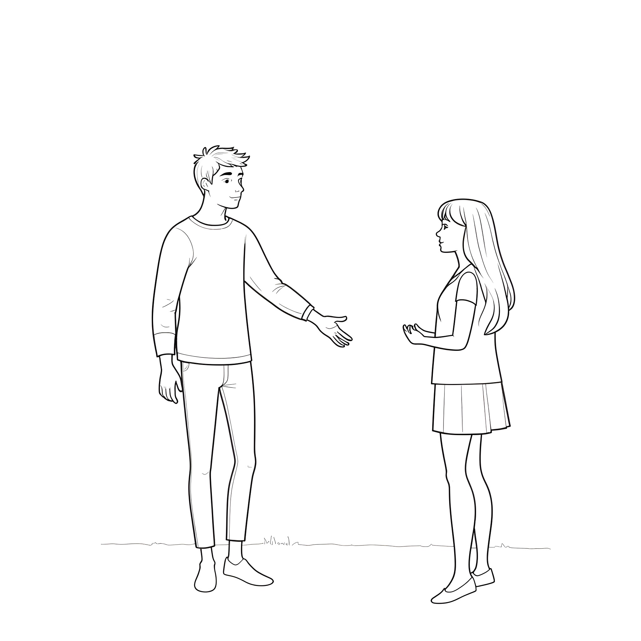 Guy and girl having friendly conversation Coloring Page (free black-and-white line drawing printable PDF for all, from beginners to advanced learners, including children, teens, adults, and seniors)