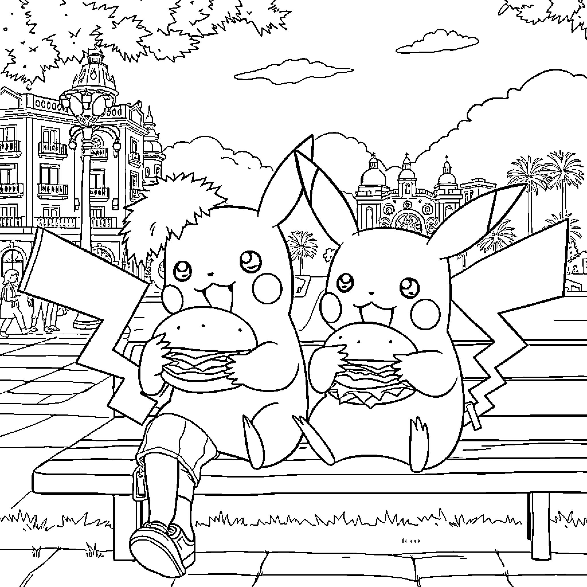 Pikachu enjoying a burger in a city landscape Coloring Page (free black-and-white line drawing printable PDF for all, from beginners to advanced learners, including children, teens, adults, and seniors)
