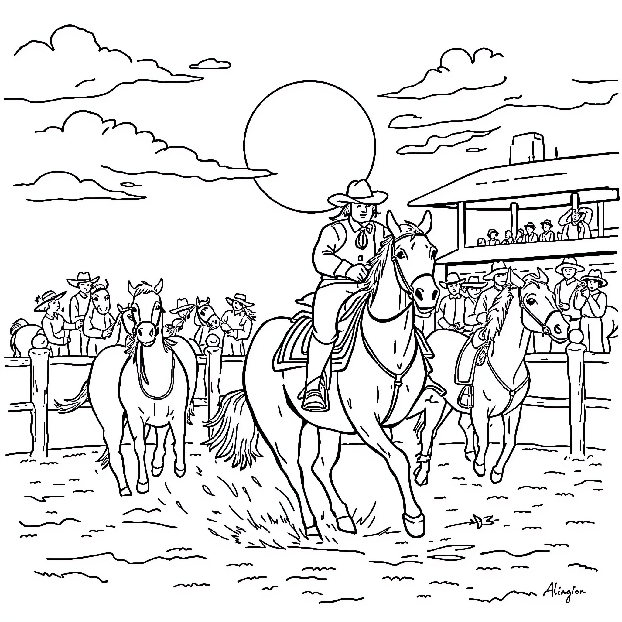 Rodeo spectacle with cowboys and horses in action Coloring Page (free black-and-white line drawing printable PDF for all, from beginners to advanced learners, including children, teens, adults, and seniors)