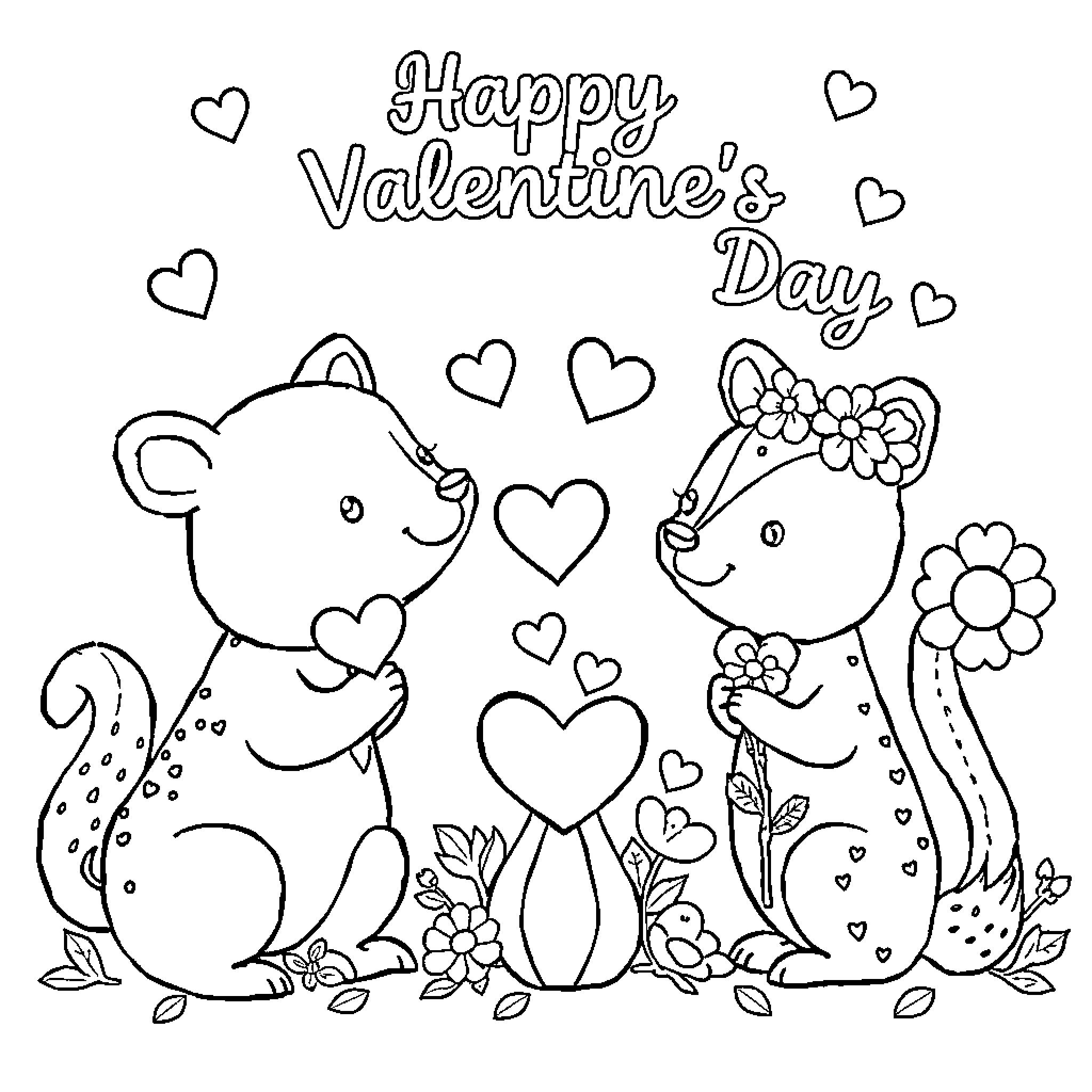 Animals celebrating Valentine's Day Coloring Page (free black-and-white line drawing printable PDF for all, from beginners to advanced learners, including children, teens, adults, and seniors)