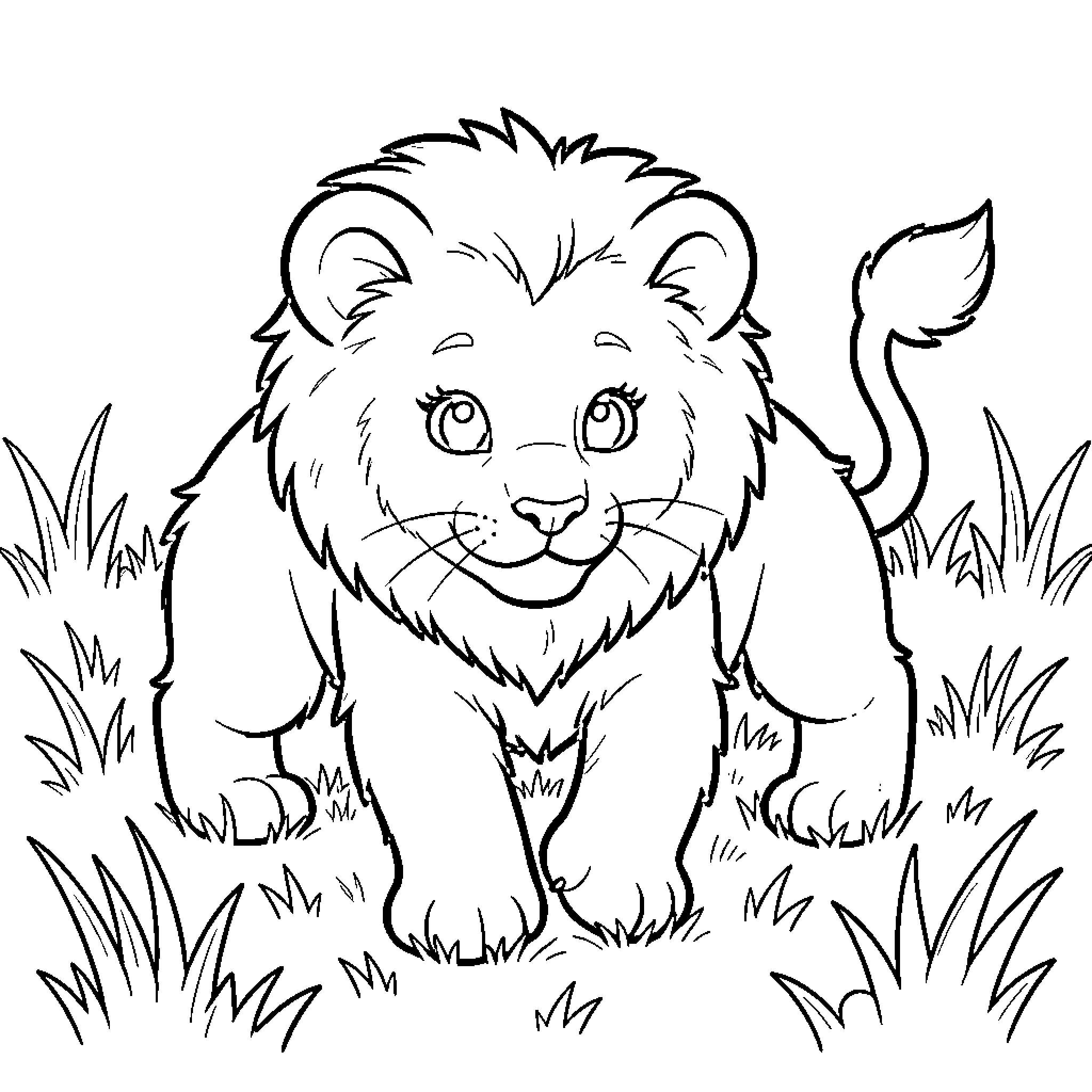 Lion playing cheerfully in the grassy field Coloring Page (free black-and-white line drawing printable PDF for all, from beginners to advanced learners, including children, teens, adults, and seniors)