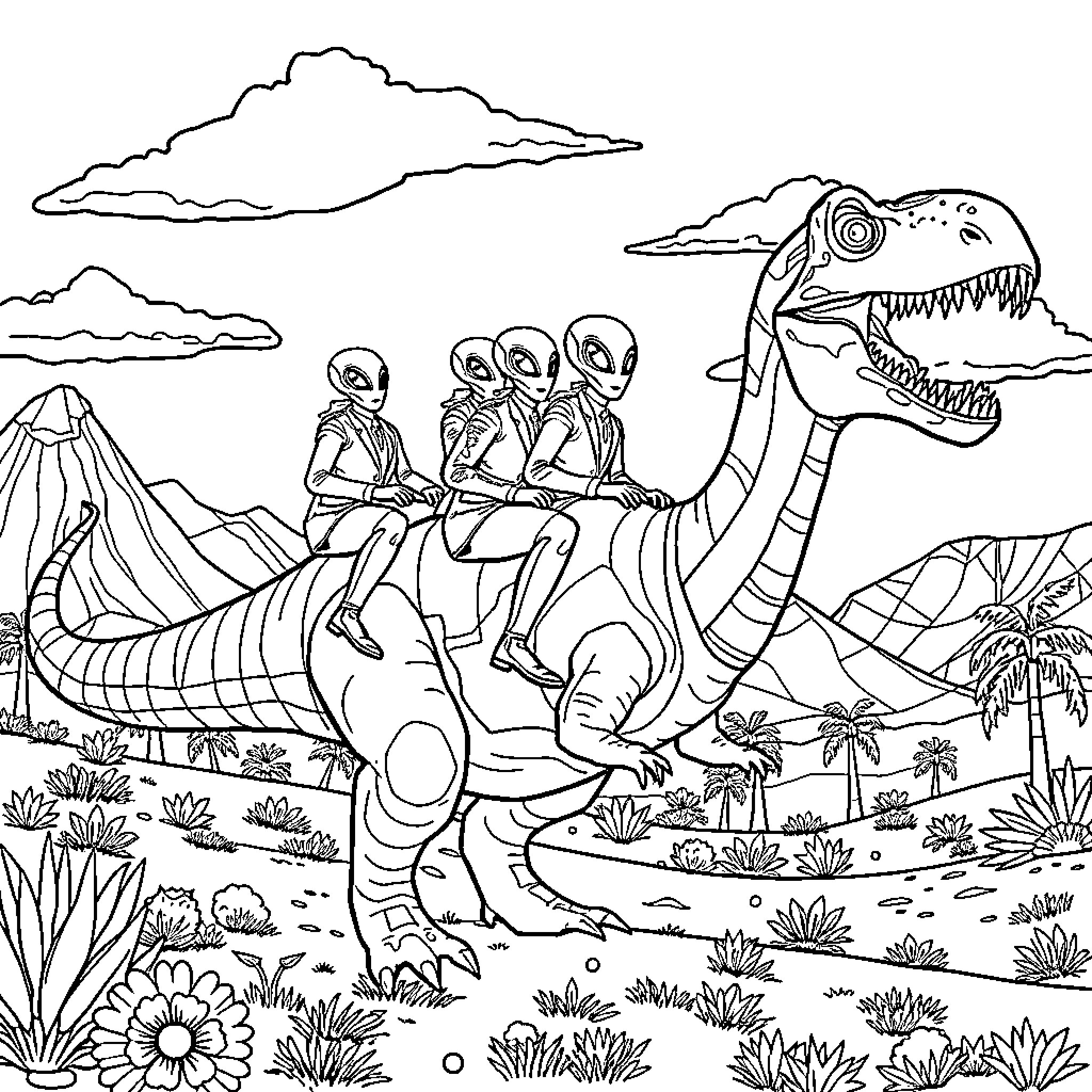 Alien Beings Exploring Prehistoric Landscape Coloring Page (free black-and-white line drawing printable PDF for all, from beginners to advanced learners, including children, teens, adults, and seniors)