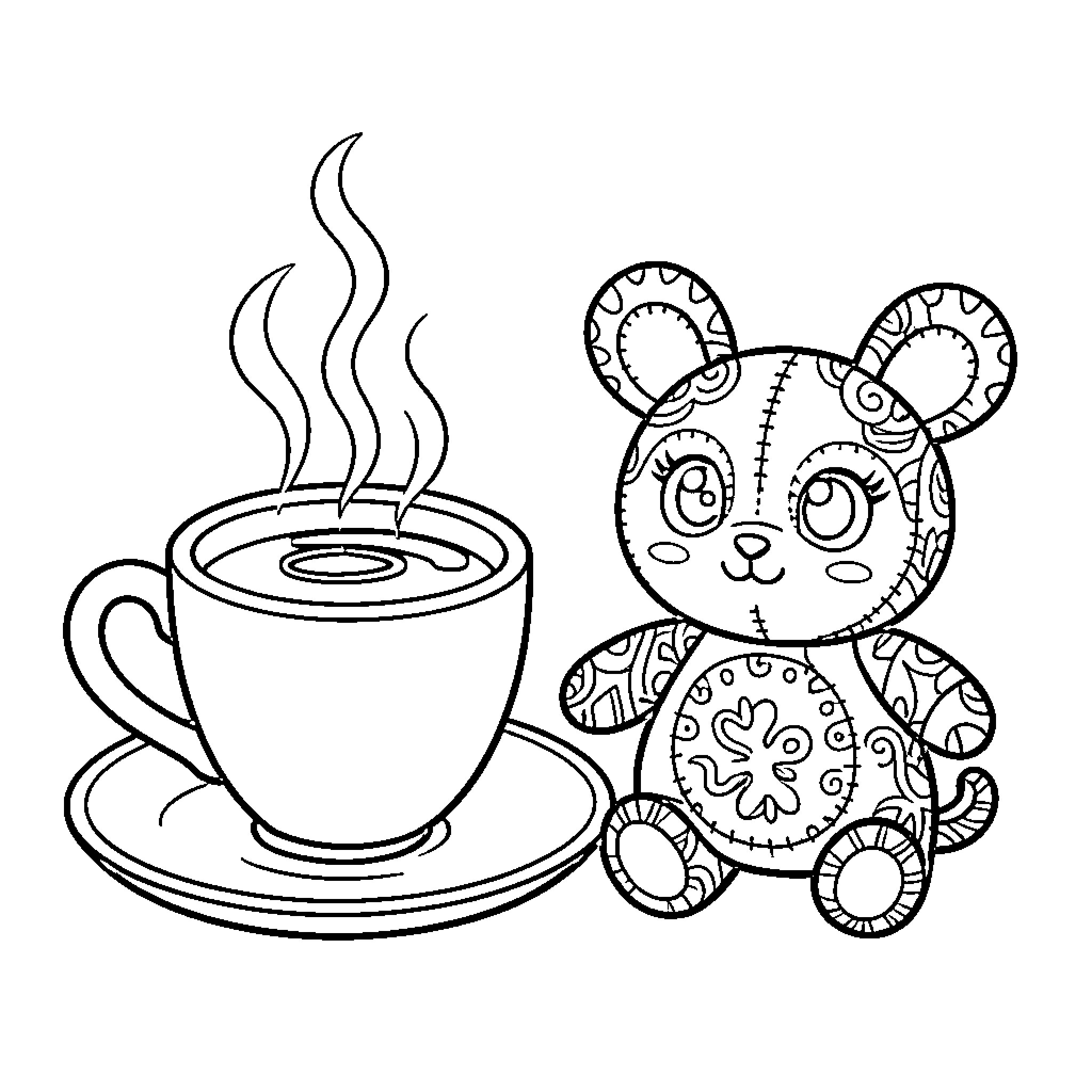 Coffee with adorable patterned stuffed animal Coloring Page (free black-and-white line drawing printable PDF for all, from beginners to advanced learners, including children, teens, adults, and seniors)