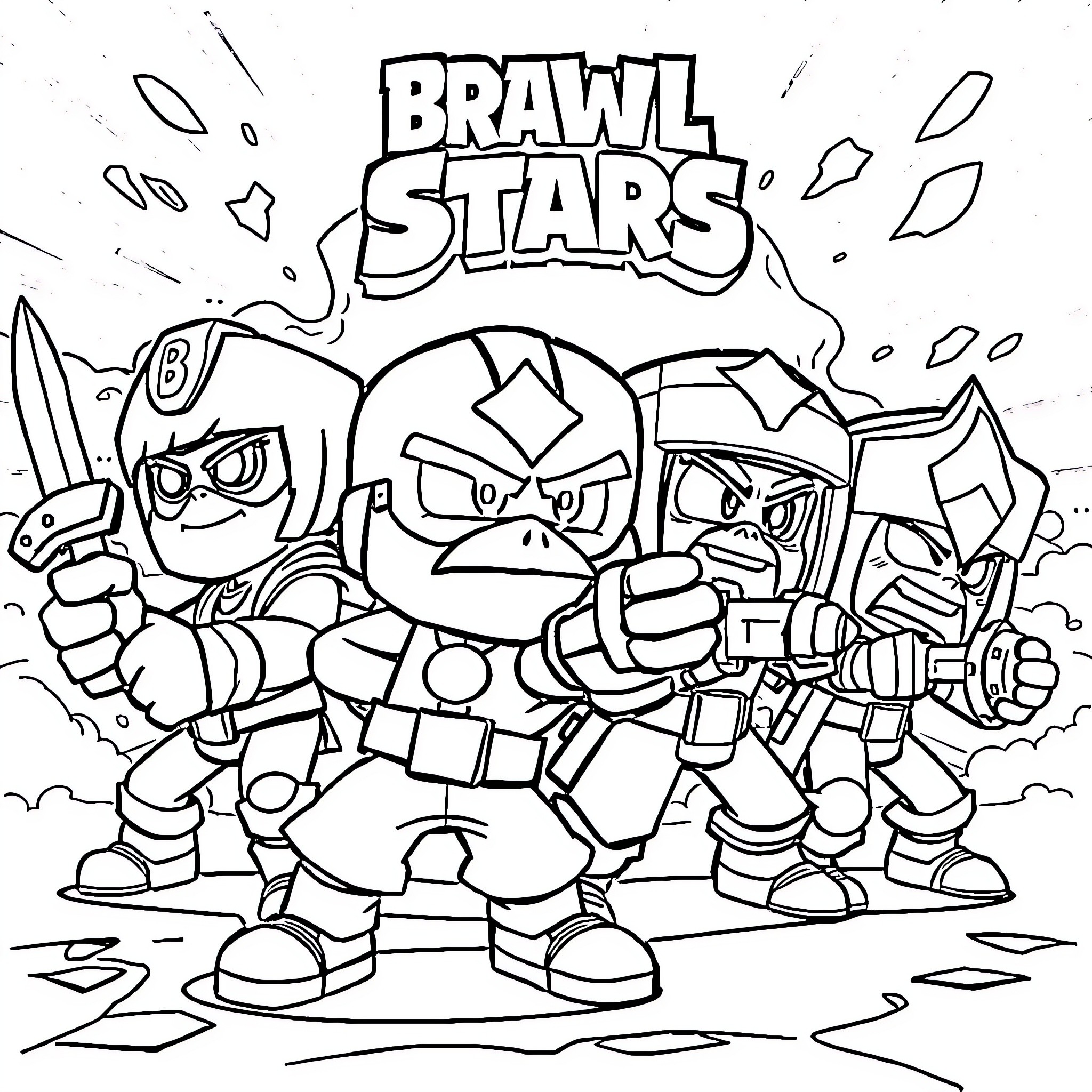 Browl Stars: Characters in Intense Brawl Pose Coloring Page (free black-and-white line drawing printable PDF for all, from beginners to advanced learners, including children, teens, adults, and seniors)