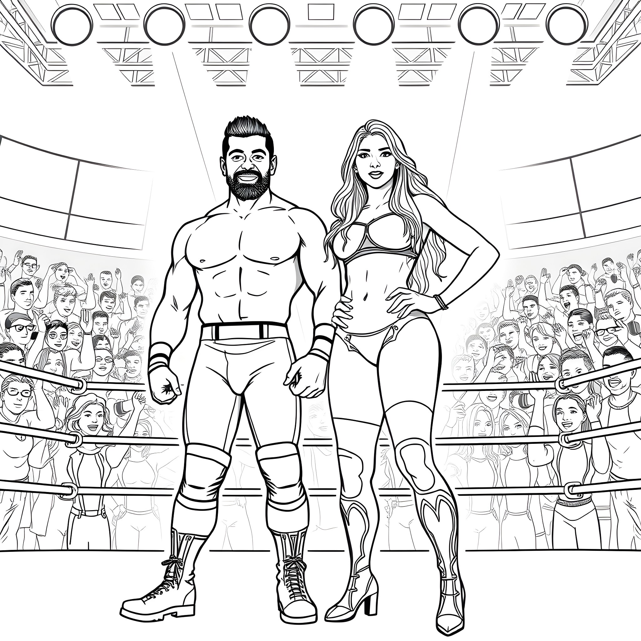 Jey Uso's grand entrance with his partner in the ring Coloring Page (free black-and-white line drawing printable PDF for all, from beginners to advanced learners, including children, teens, adults, and seniors)