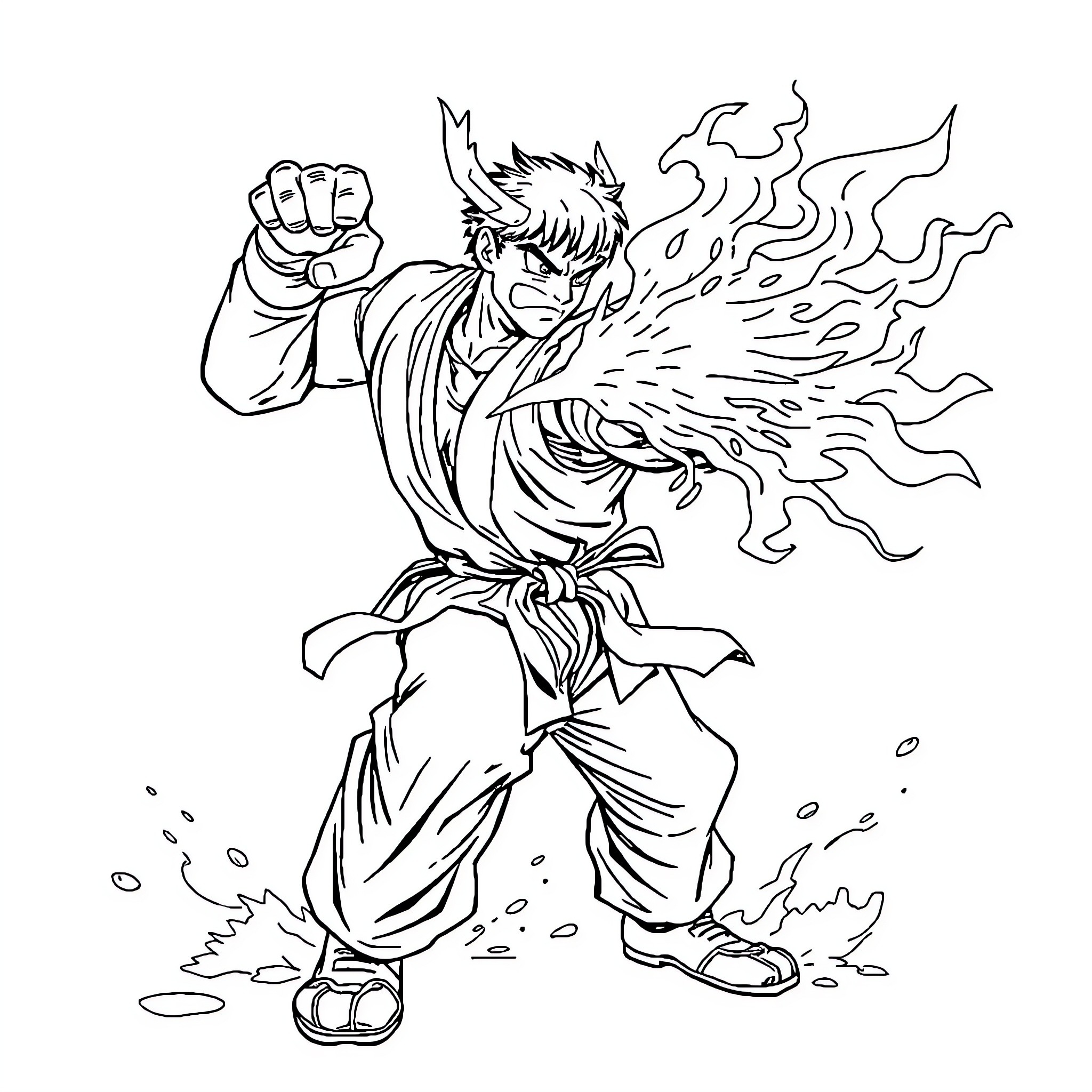 Street Fighter with Fiery Martial Arts Pose Coloring Page (free black-and-white line drawing printable PDF for all, from beginners to advanced learners, including children, teens, adults, and seniors)