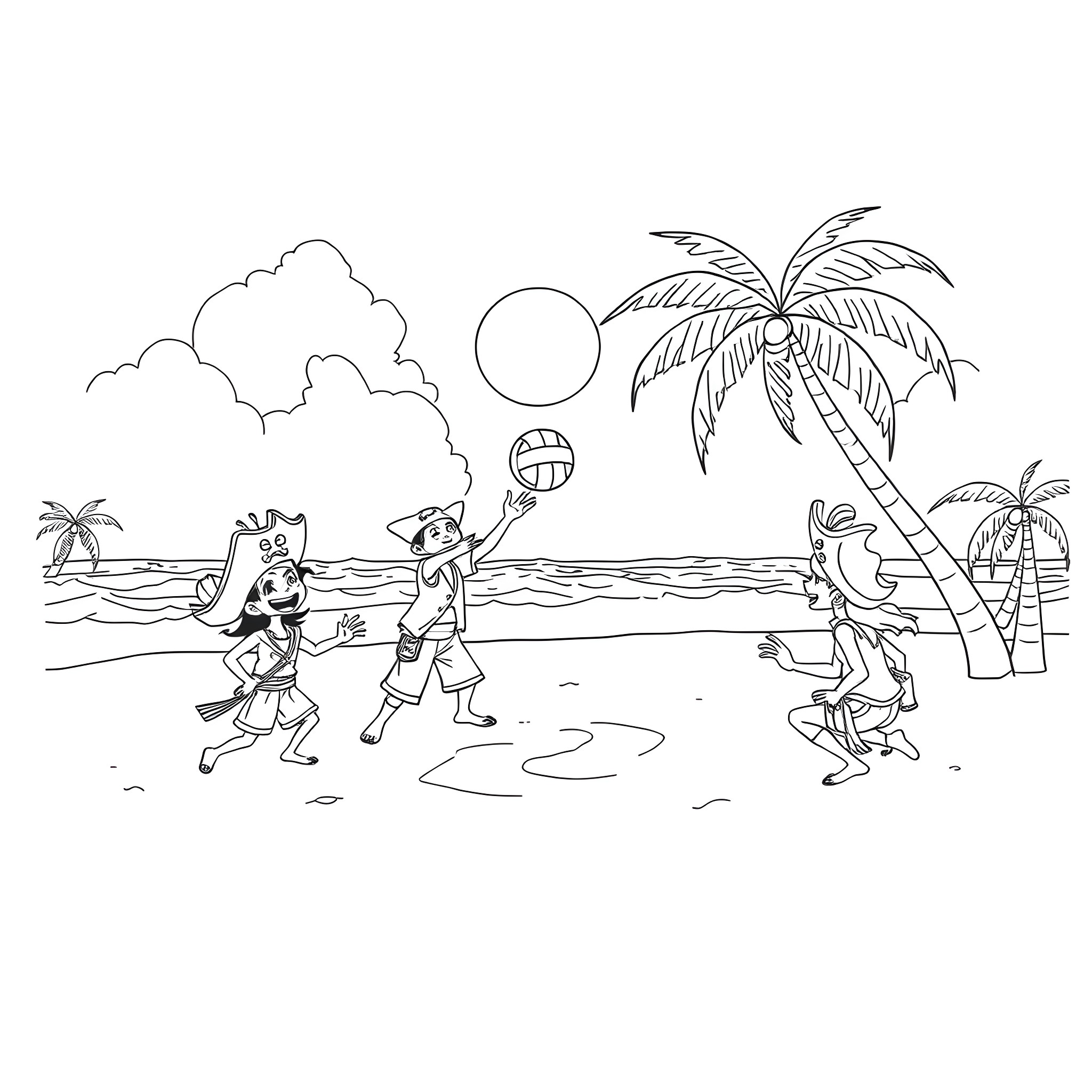Straw Hat Pirate Crew Playing Volleyball on the Beach Coloring Page (free black-and-white line drawing printable PDF for all, from beginners to advanced learners, including children, teens, adults, and seniors)