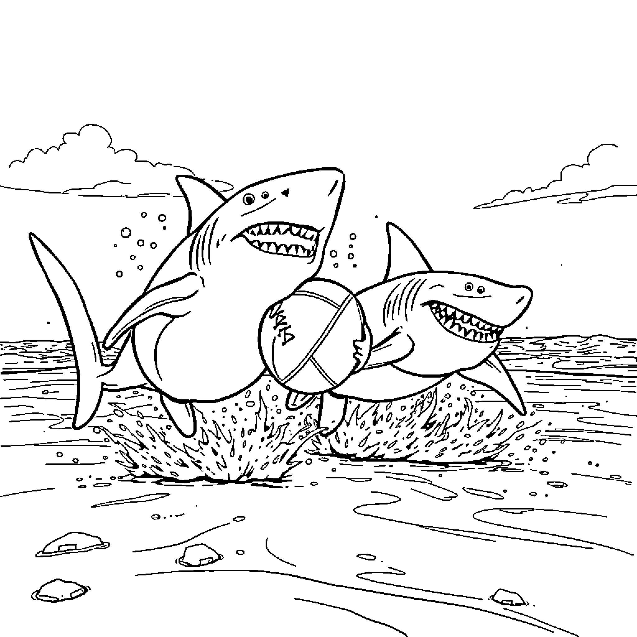 Shark duo chasing in the ocean waves Coloring Page (free black-and-white line drawing printable PDF for all, from beginners to advanced learners, including children, teens, adults, and seniors)