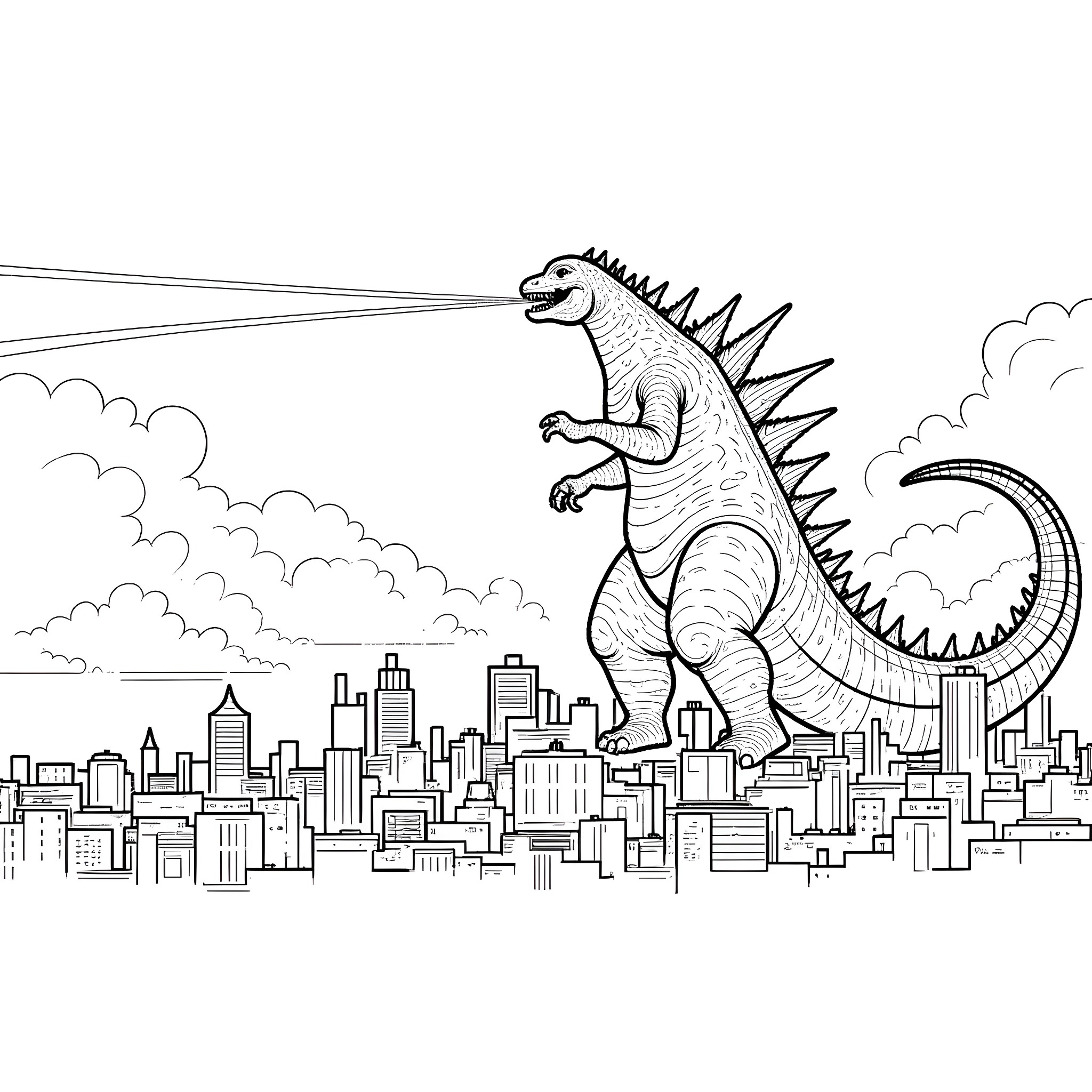 Godzilla Stomping Through the City Coloring Page (free black-and-white line drawing printable PDF for all, from beginners to advanced learners, including children, teens, adults, and seniors)