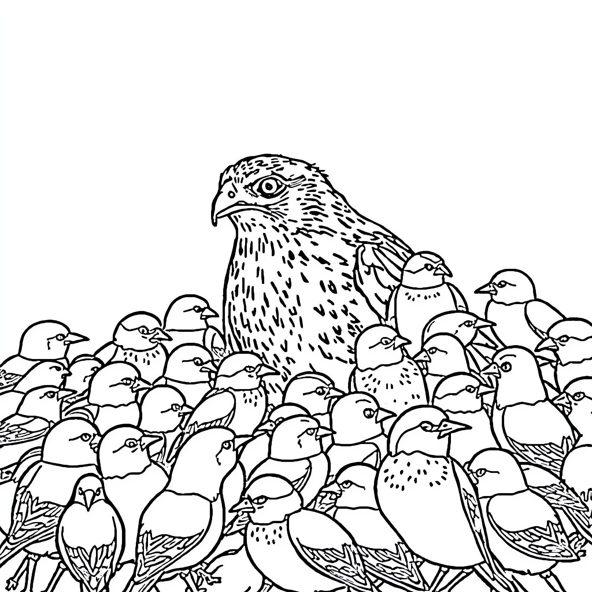 Hawk brooding over a flock of chicks Coloring Page (free black-and-white line drawing printable PDF for all, from beginners to advanced learners, including children, teens, adults, and seniors)