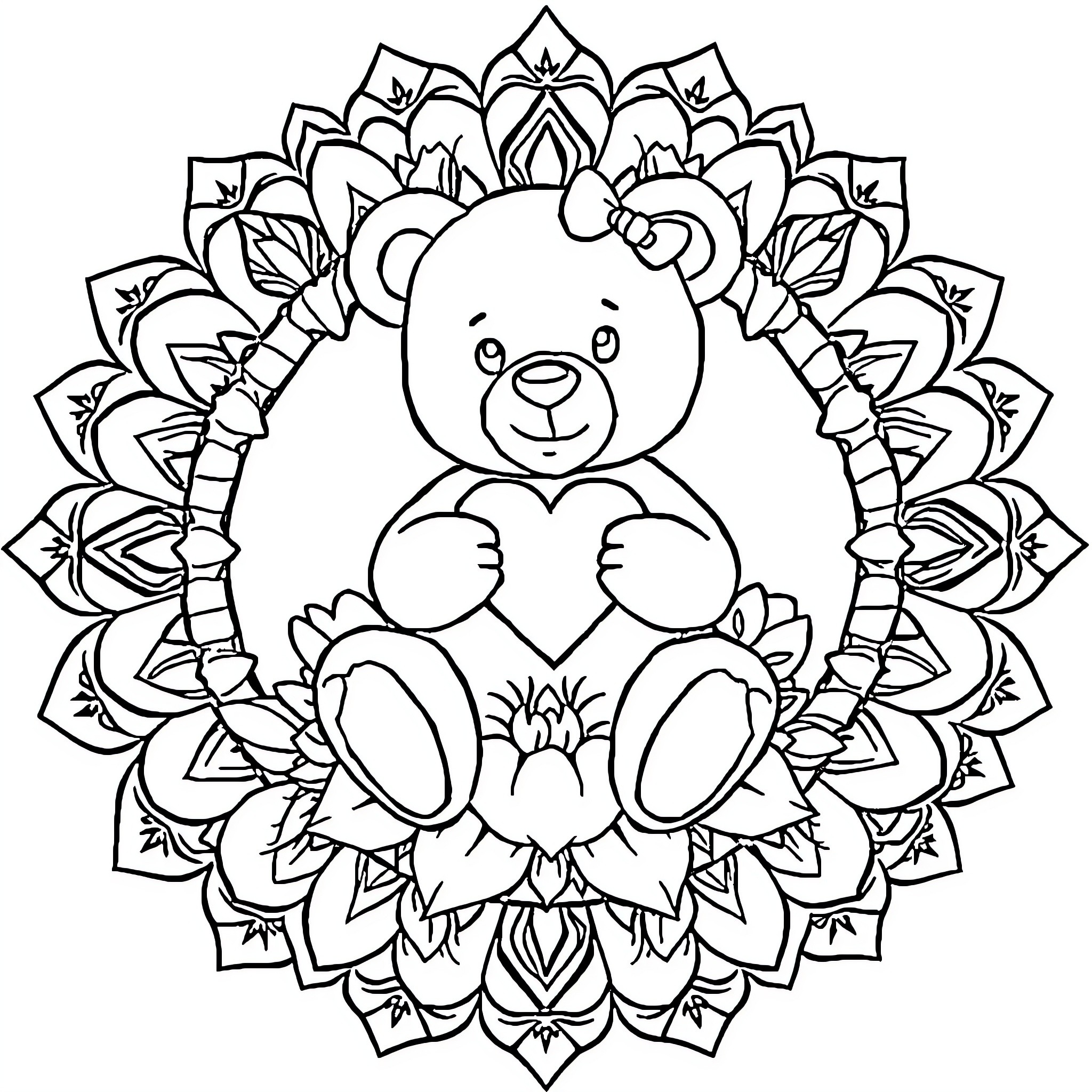 Teddy Bear sitting in a decorative mandala Coloring Page (free black-and-white line drawing printable PDF for all, from beginners to advanced learners, including children, teens, adults, and seniors)