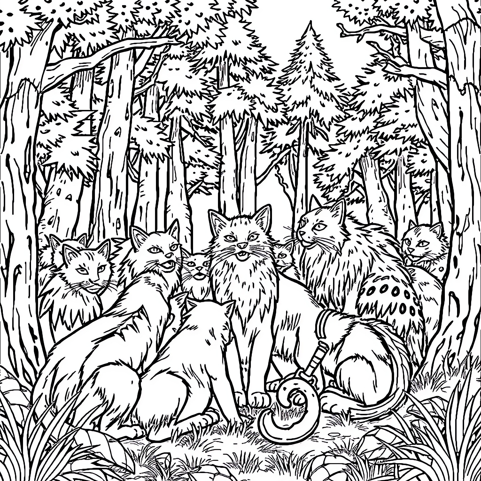 Warrior Cats Gather in Mystical Forest Coloring Page (free black-and-white line drawing printable PDF for all, from beginners to advanced learners, including children, teens, adults, and seniors)