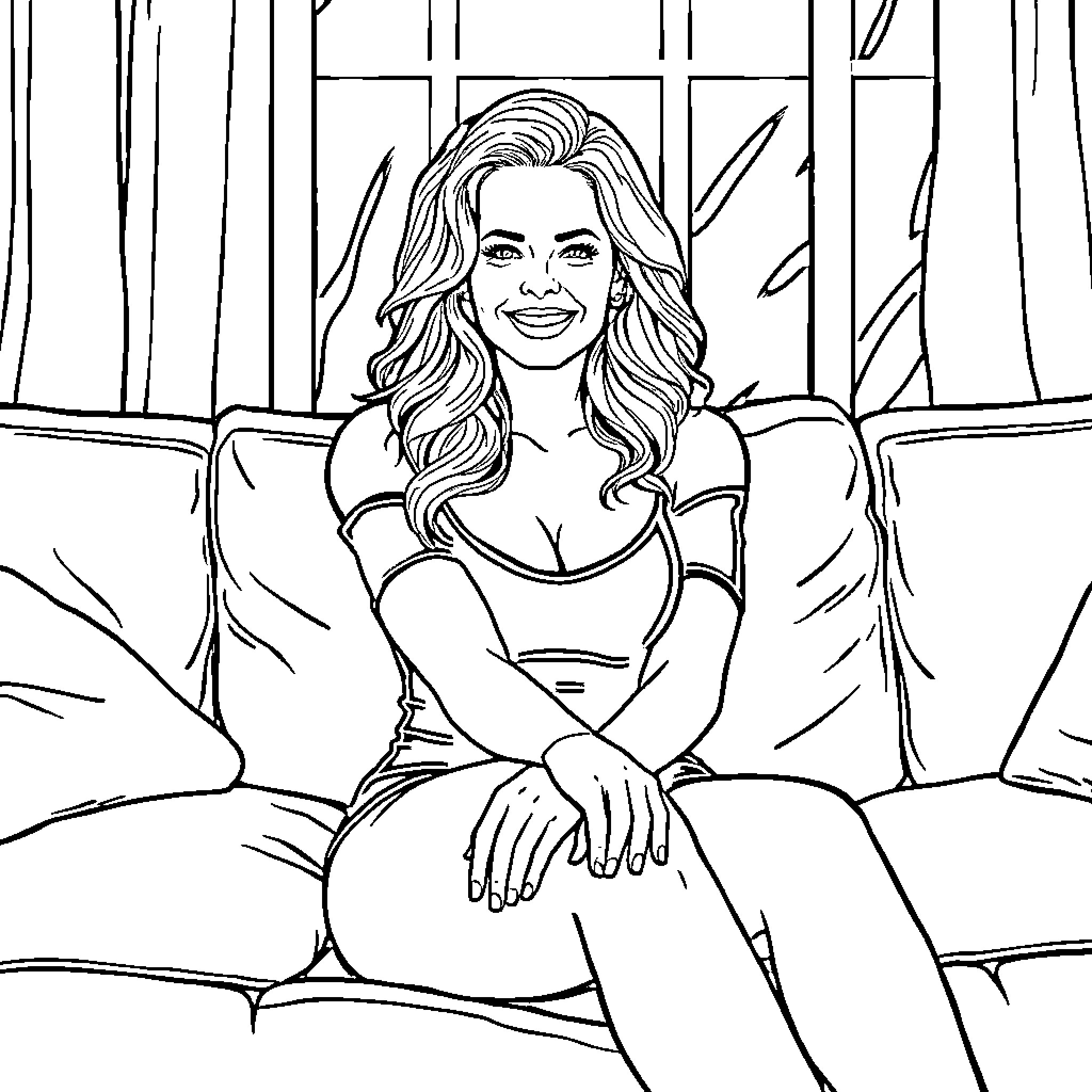 Pamela Anderson posing confidently on a couch Coloring Page (free black-and-white line drawing printable PDF for all, from beginners to advanced learners, including children, teens, adults, and seniors)