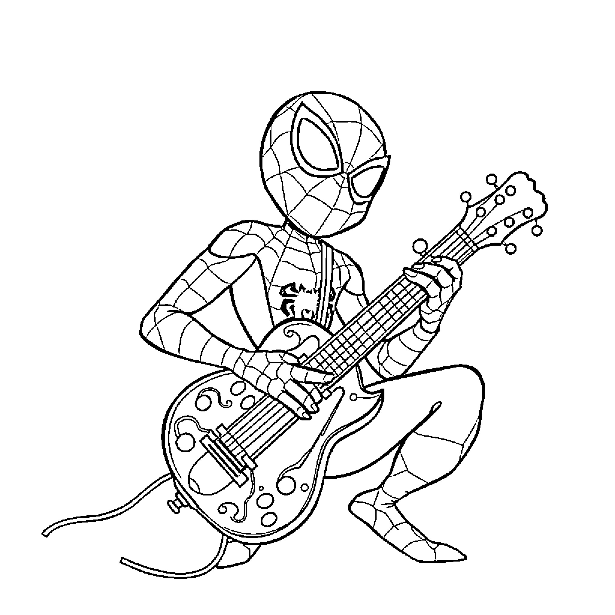 Spidey plays electric guitar in action pose Coloring Page (free black-and-white line drawing printable PDF for all, from beginners to advanced learners, including children, teens, adults, and seniors)