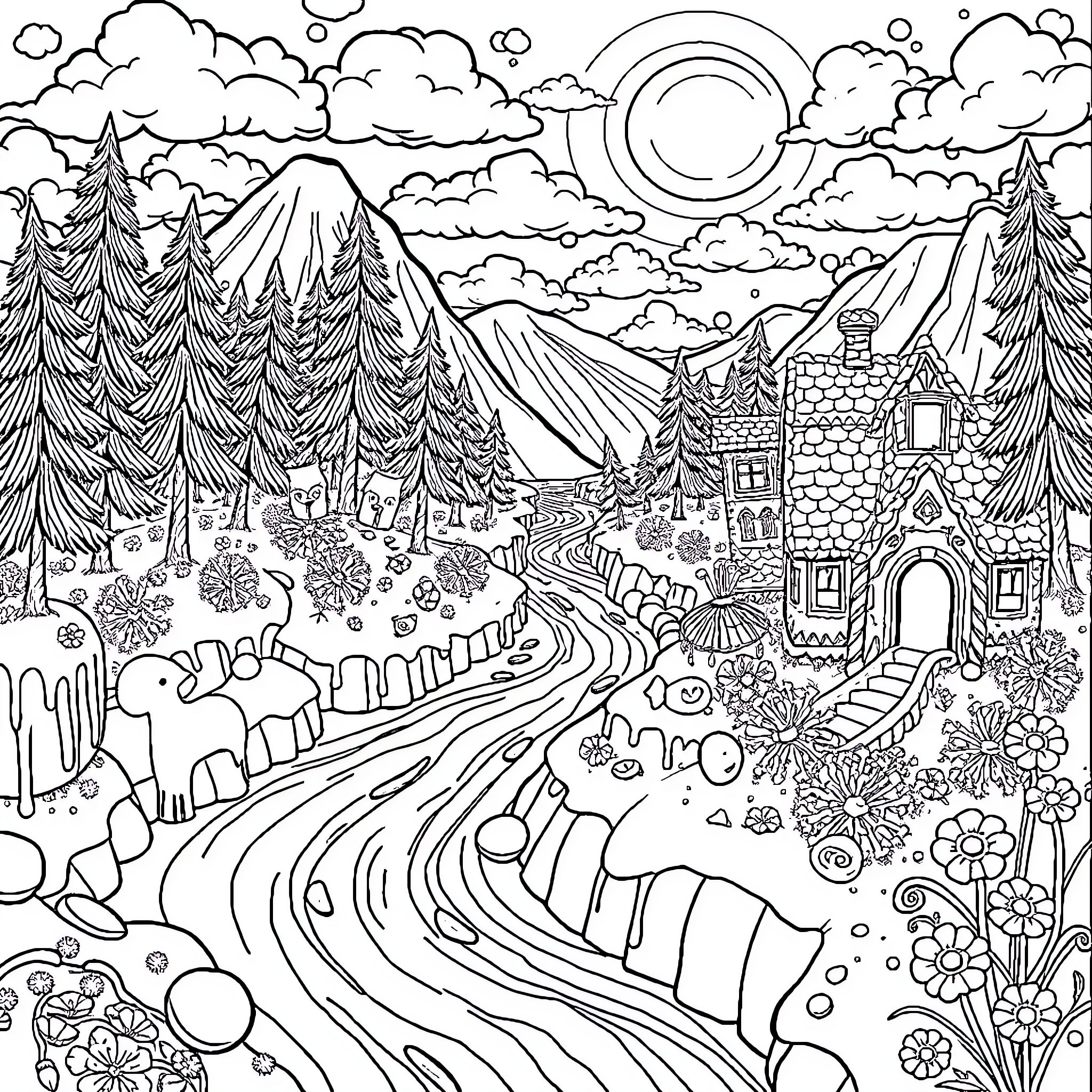 Fantasy Landscape with Enchanting Structures and Winding Path Coloring Page (free black-and-white line drawing printable PDF for all, from beginners to advanced learners, including children, teens, adults, and seniors)
