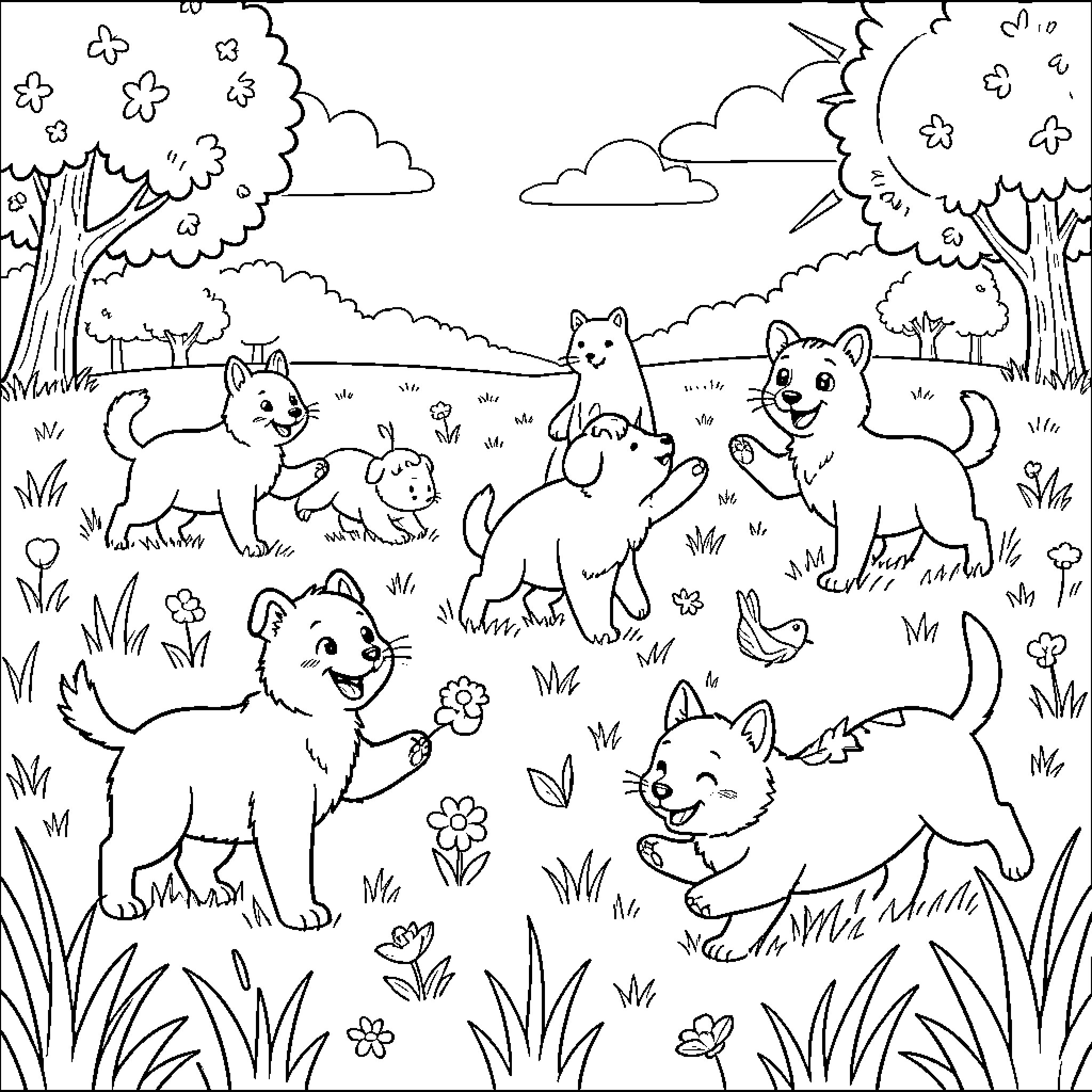 Animal Puppies Playing in Grassy Meadow Coloring Page (free black-and-white line drawing printable PDF for all, from beginners to advanced learners, including children, teens, adults, and seniors)