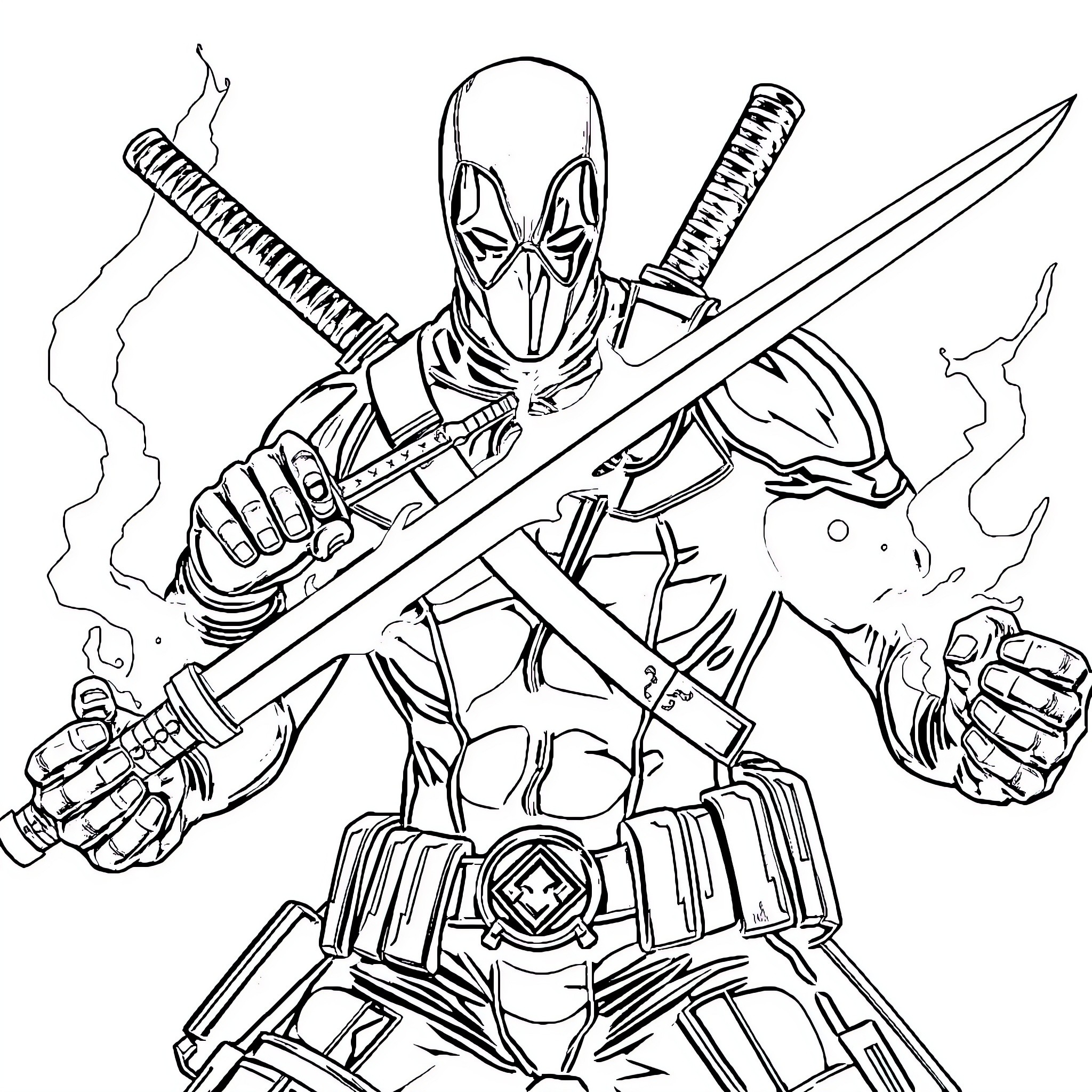 Deadpool in Dynamic Action Pose with Swords Coloring Page (free black-and-white line drawing printable PDF for all, from beginners to advanced learners, including children, teens, adults, and seniors)