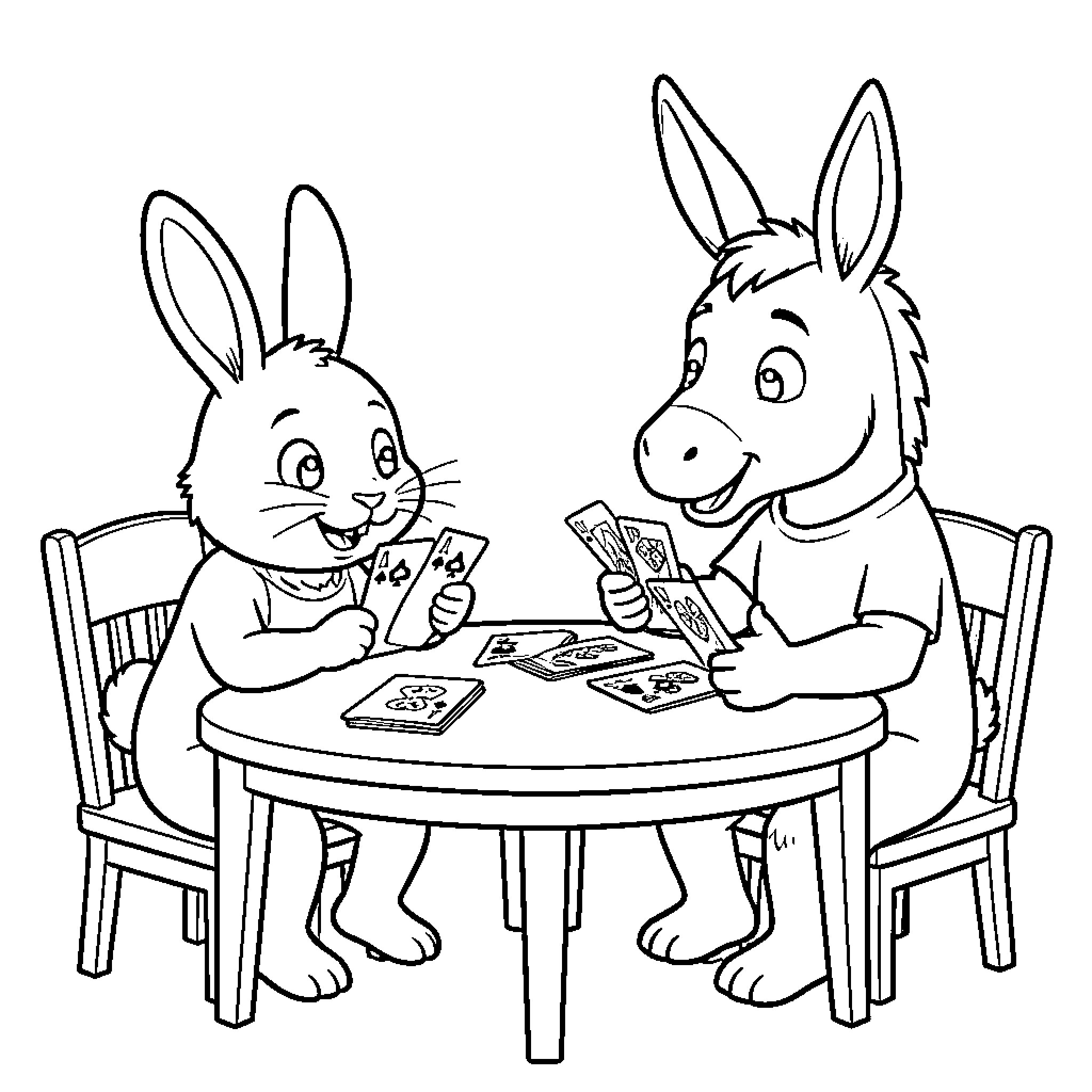 Rabbit and donkey playing a card game together Coloring Page (free black-and-white line drawing printable PDF for all, from beginners to advanced learners, including children, teens, adults, and seniors)