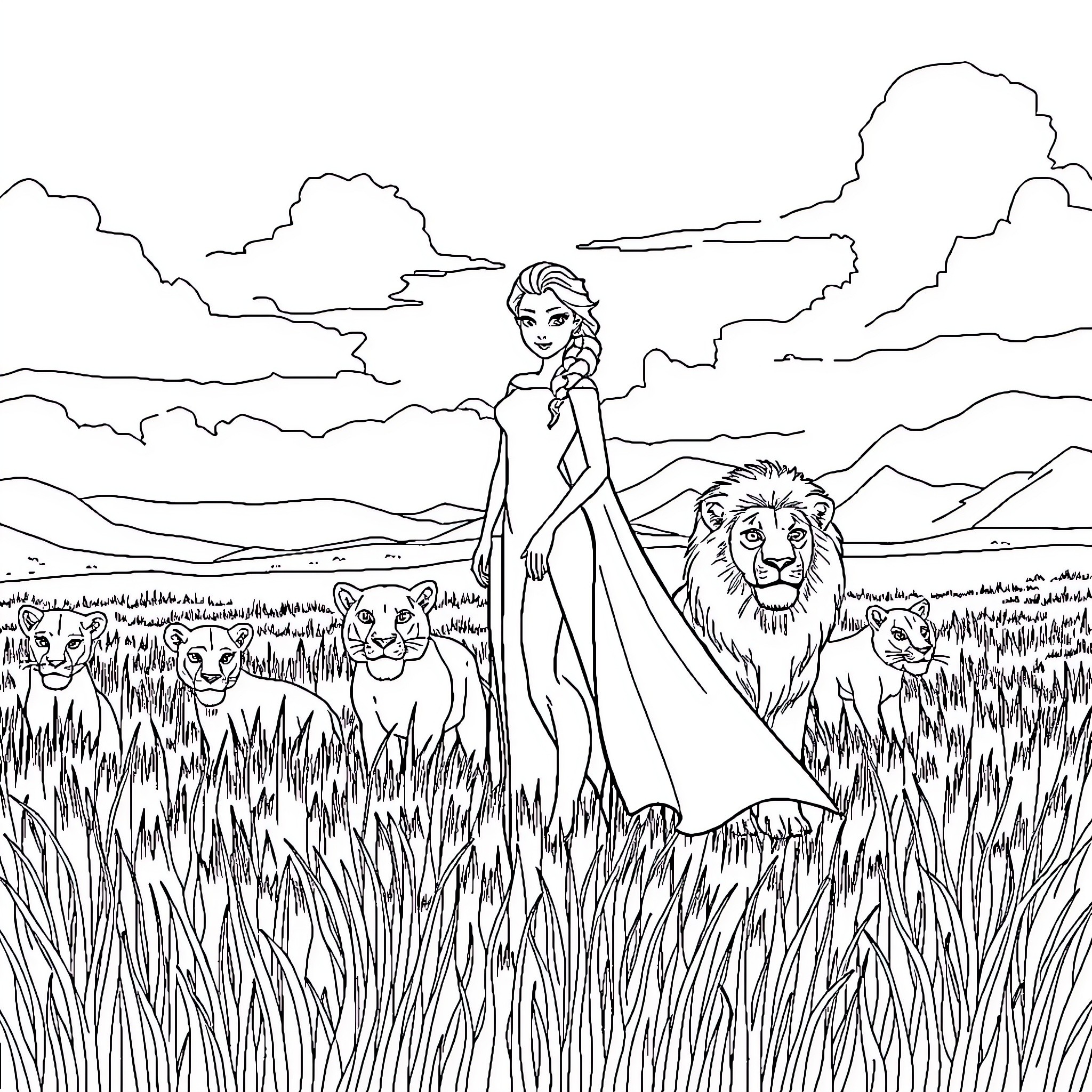 Elsa standing with lions in a grassy field Coloring Page (free black-and-white line drawing printable PDF for all, from beginners to advanced learners, including children, teens, adults, and seniors)