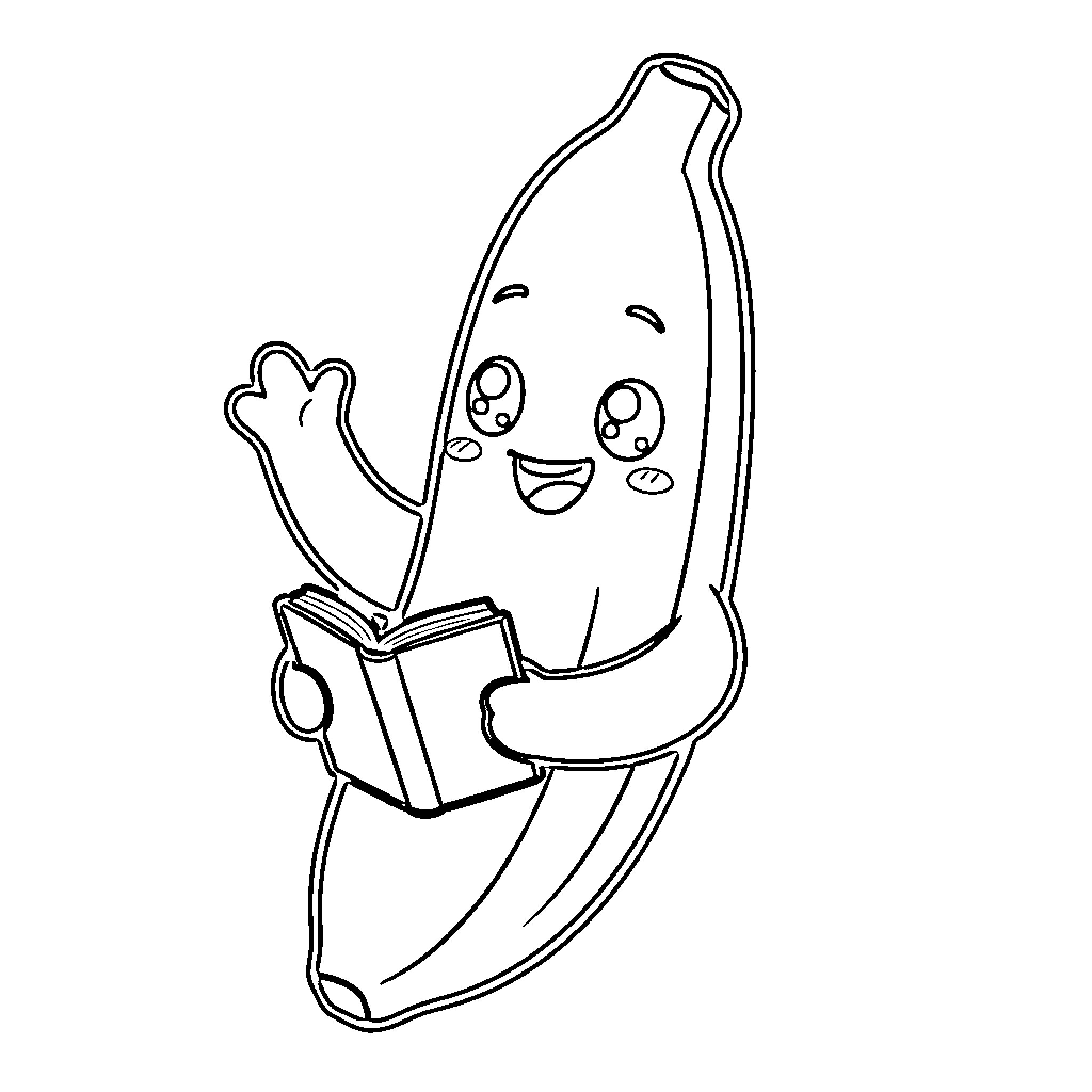 Banana happily reading a book Coloring Page (free black-and-white line drawing printable PDF for all, from beginners to advanced learners, including children, teens, adults, and seniors)