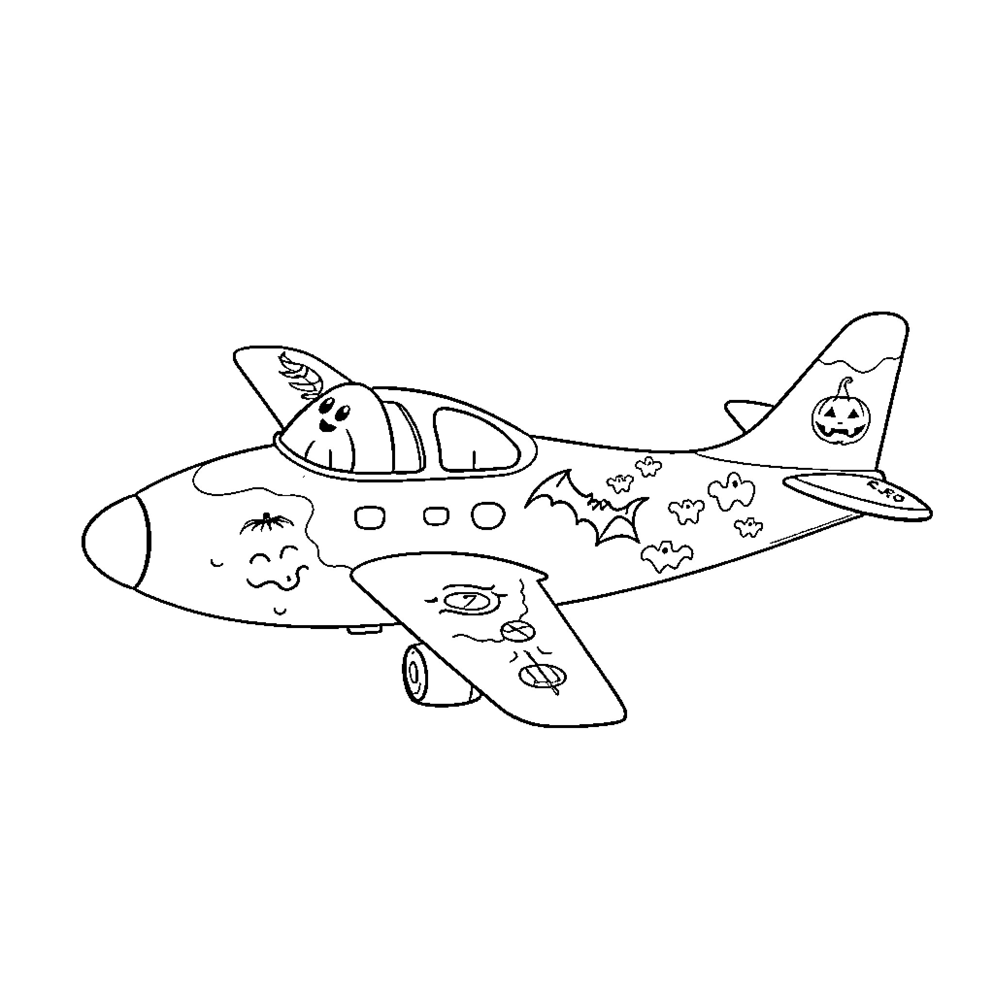 Airplane with Halloween-themed decorations Coloring Page (free black-and-white line drawing printable PDF for all, from beginners to advanced learners, including children, teens, adults, and seniors)
