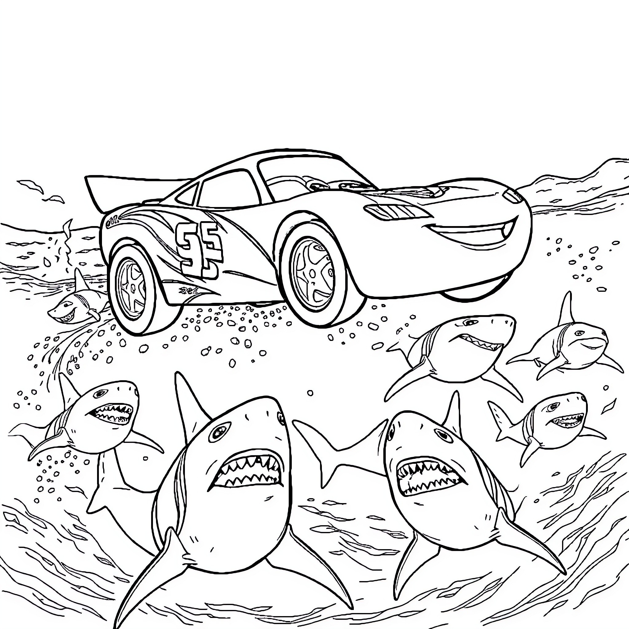 Flash McQueen driving through an underwater shark adventure Coloring Page (free black-and-white line drawing printable PDF for all, from beginners to advanced learners, including children, teens, adults, and seniors)