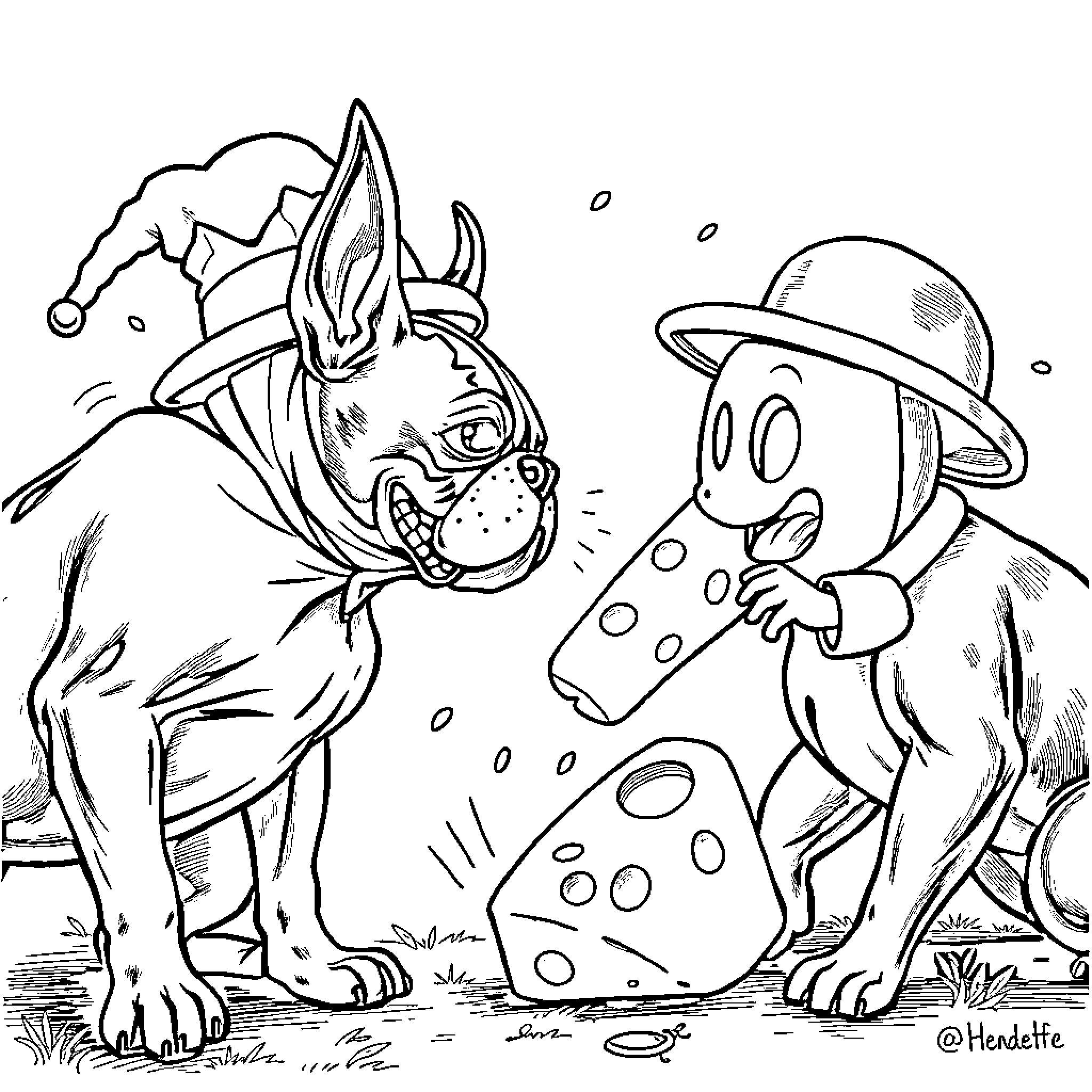 Boston Terrier playing with mouse figurine in the snow Coloring Page (free black-and-white line drawing printable PDF for all, from beginners to advanced learners, including children, teens, adults, and seniors)