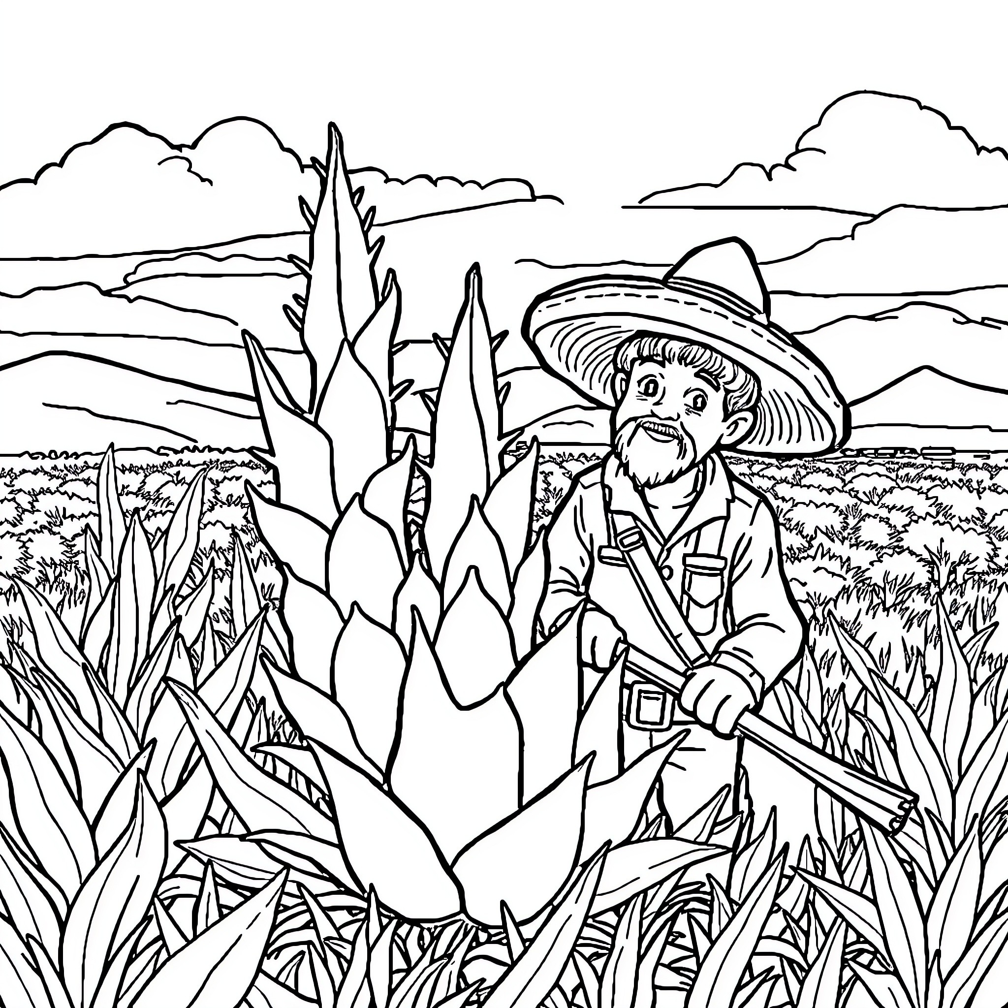 Maguey worker tending to agave plants in the field Coloring Page (free black-and-white line drawing printable PDF for all, from beginners to advanced learners, including children, teens, adults, and seniors)