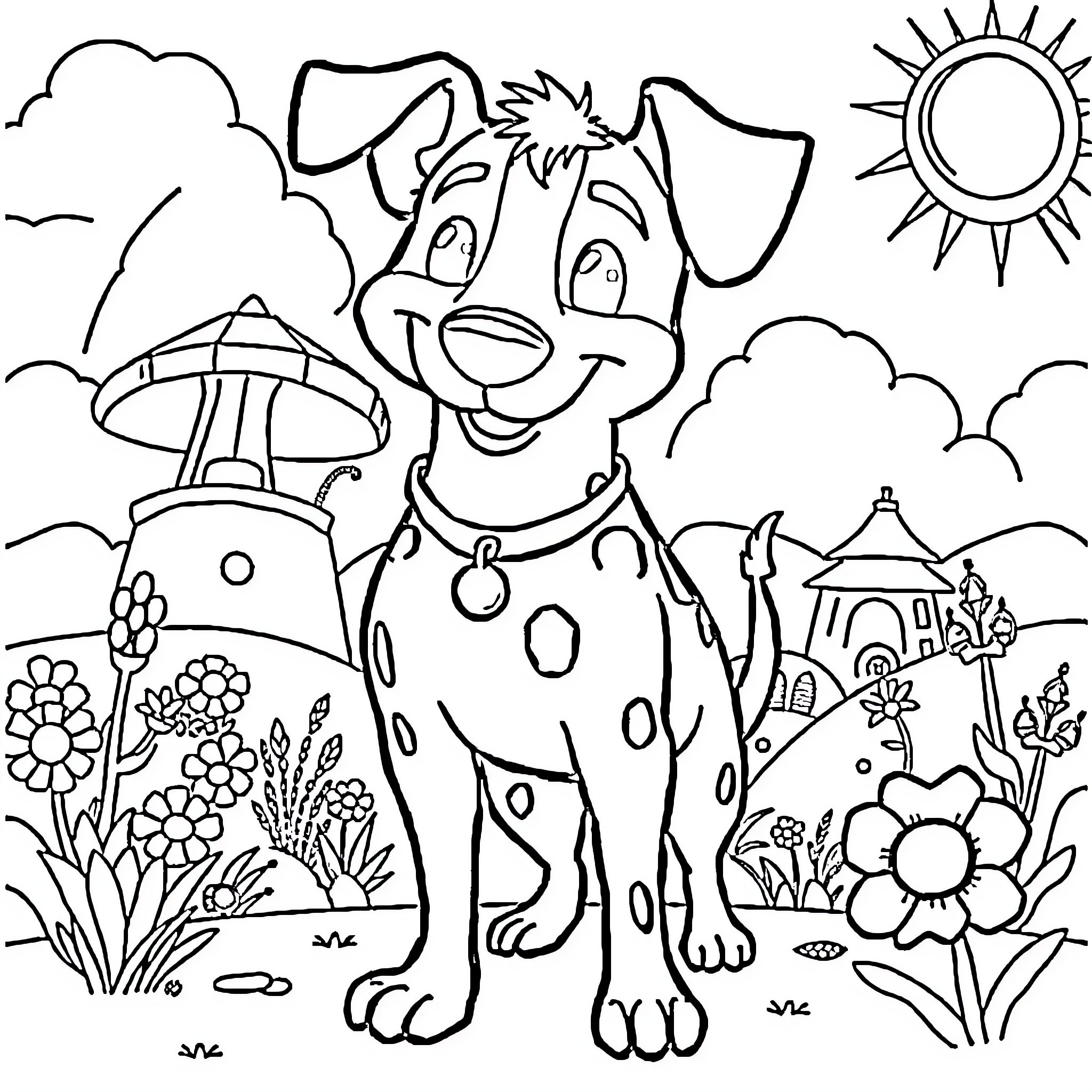 Dandy Dog Frolicking in Vibrant Garden Coloring Page (free black-and-white line drawing printable PDF for all, from beginners to advanced learners, including children, teens, adults, and seniors)