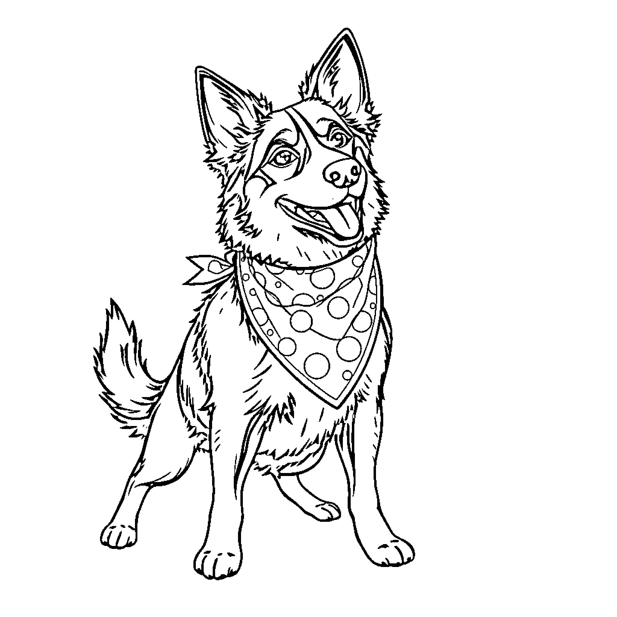 Border Collie wearing polka dot bandana Coloring Page (free black-and-white line drawing printable PDF for all, from beginners to advanced learners, including children, teens, adults, and seniors)