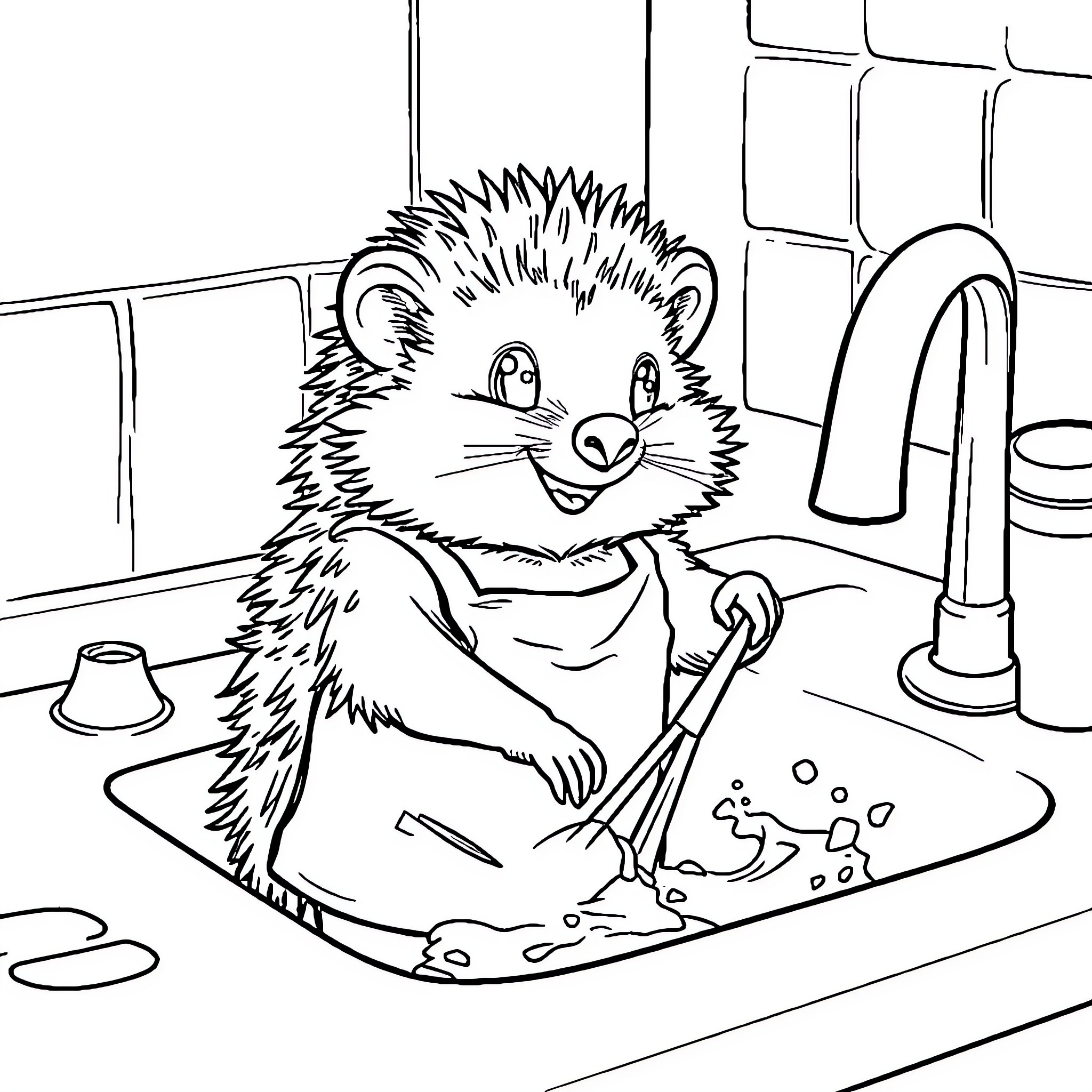 Hedgehog cleaning up in the kitchen Coloring Page (free black-and-white line drawing printable PDF for all, from beginners to advanced learners, including children, teens, adults, and seniors)