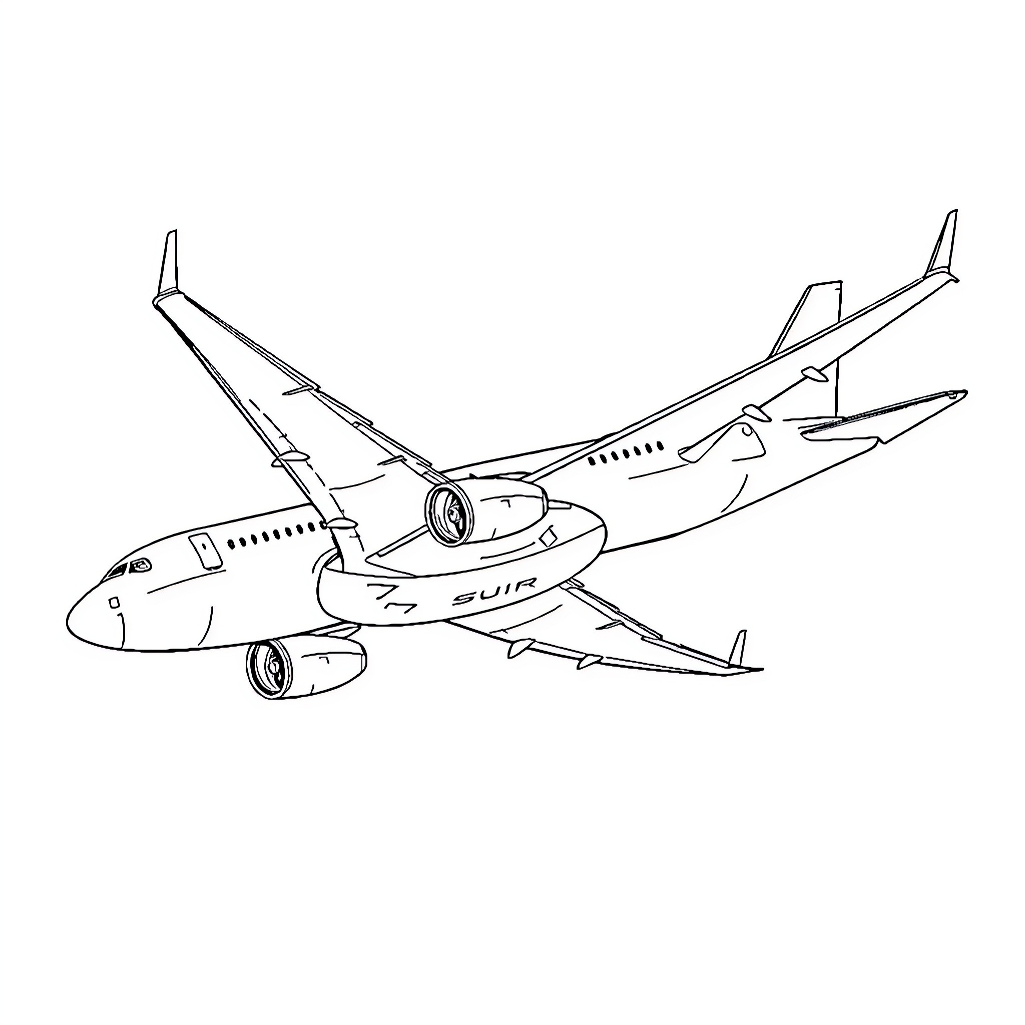 Plane soaring gracefully through the skies Coloring Page (free black-and-white line drawing printable PDF for all, from beginners to advanced learners, including children, teens, adults, and seniors)