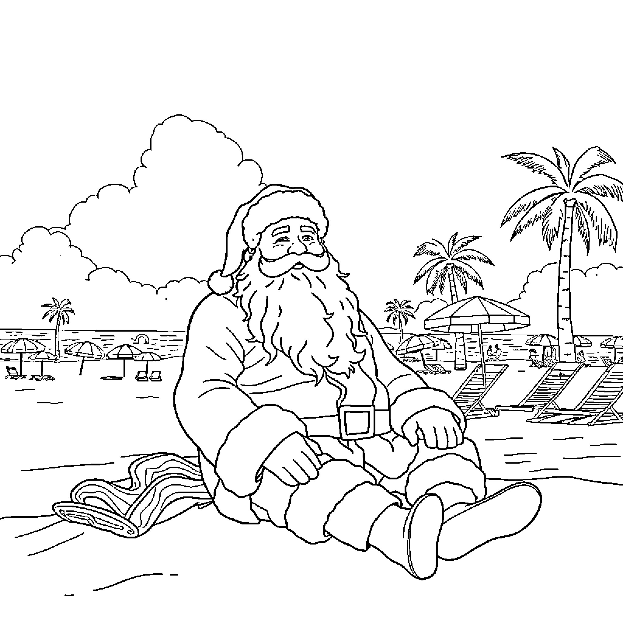 Santa Claus relaxing on the beach Coloring Page (free black-and-white line drawing printable PDF for all, from beginners to advanced learners, including children, teens, adults, and seniors)