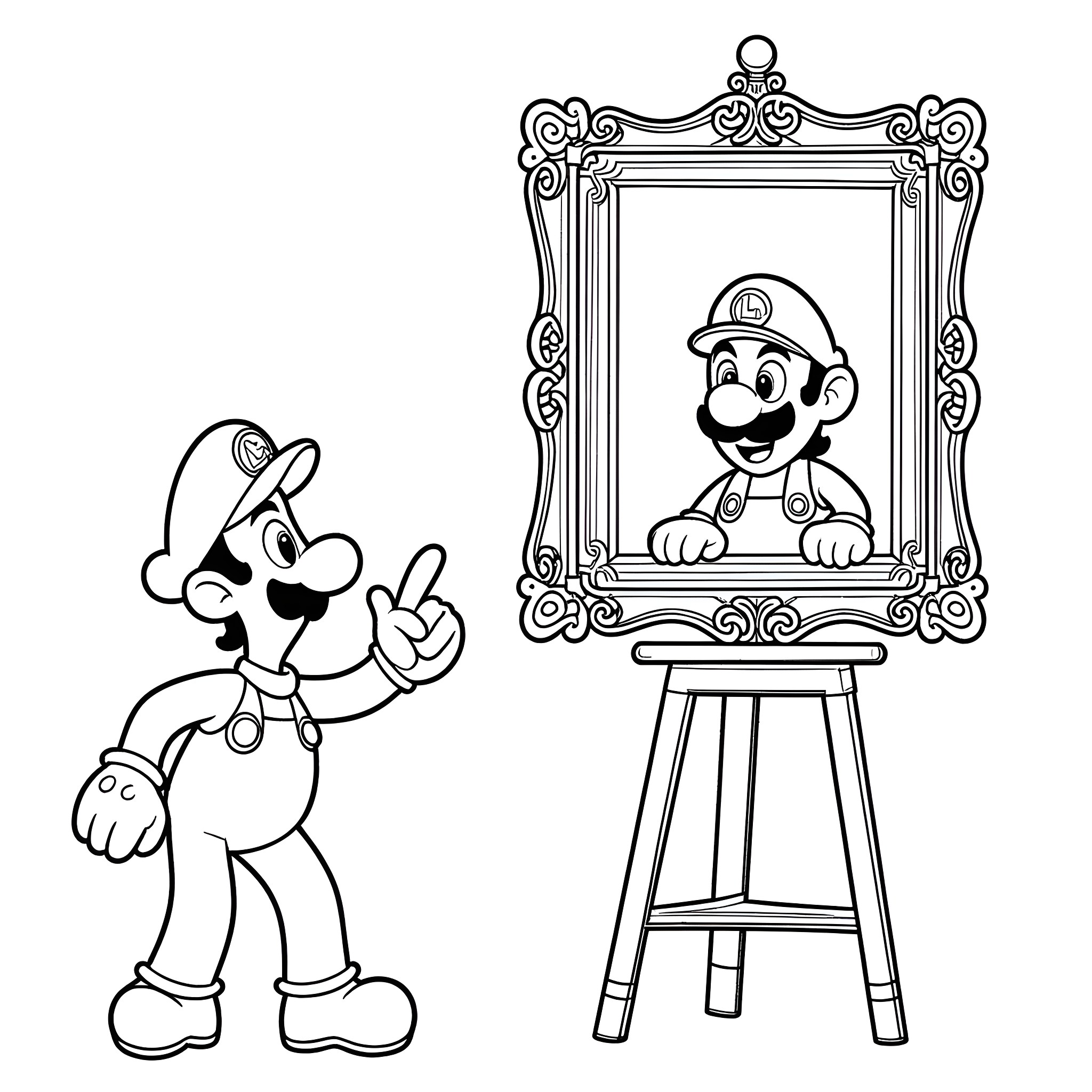 Luigi's Artistic Endeavors Coloring Page (free black-and-white line drawing printable PDF for all, from beginners to advanced learners, including children, teens, adults, and seniors)