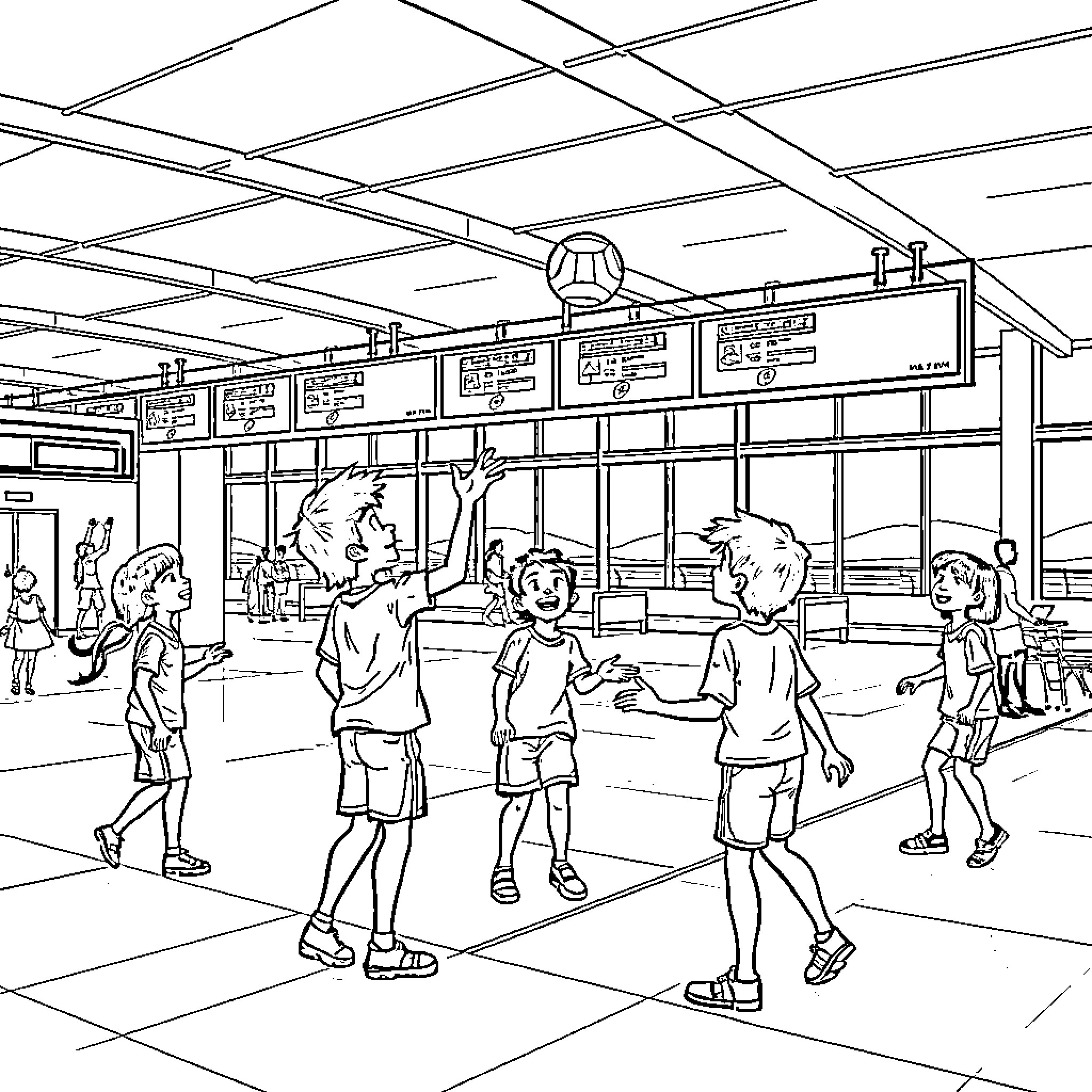 Kid Enjoying Sports Game at Indoor Court Coloring Page (free black-and-white line drawing printable PDF for all, from beginners to advanced learners, including children, teens, adults, and seniors)