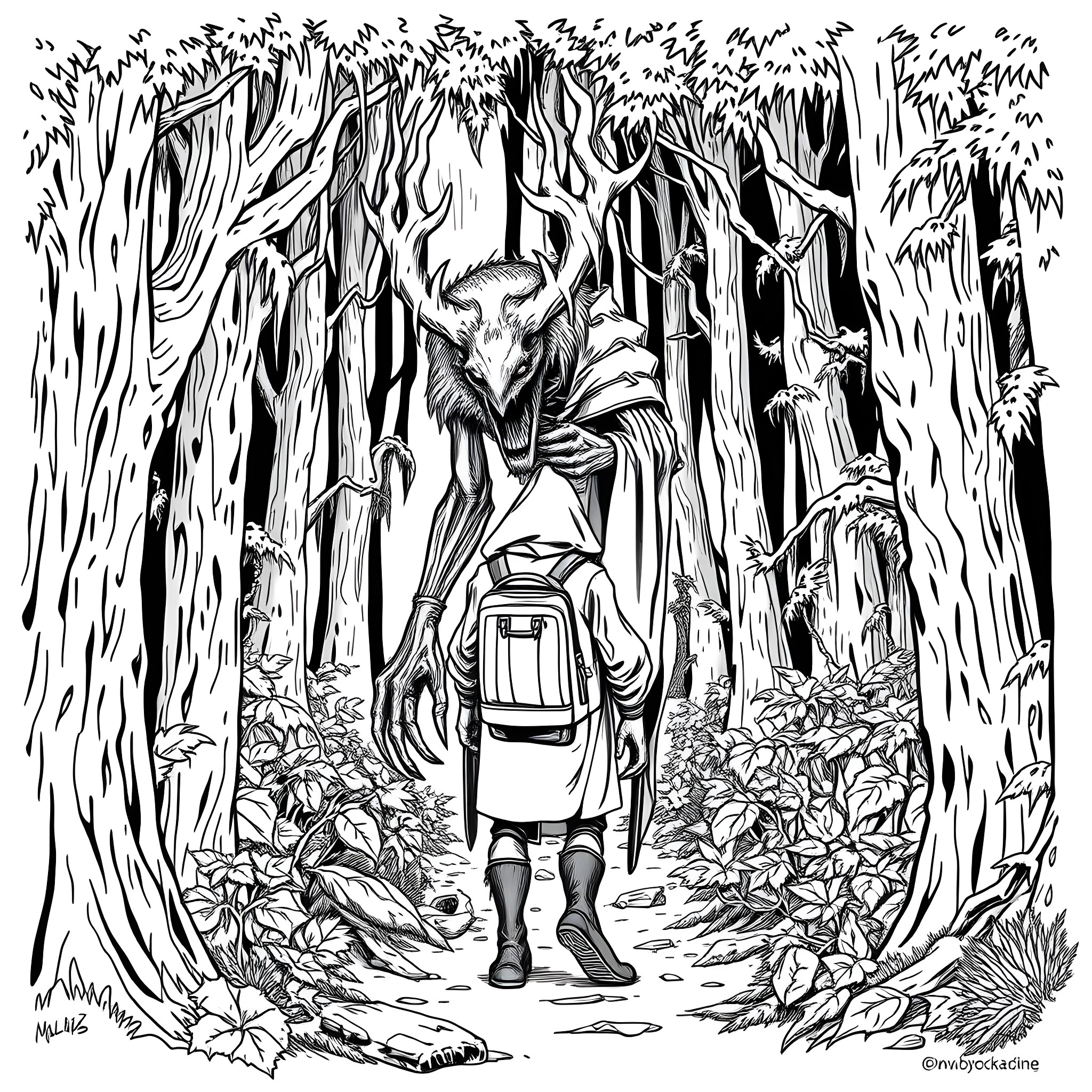 Wendigo exploring the eerie forest Coloring Page (free black-and-white line drawing printable PDF for all, from beginners to advanced learners, including children, teens, adults, and seniors)