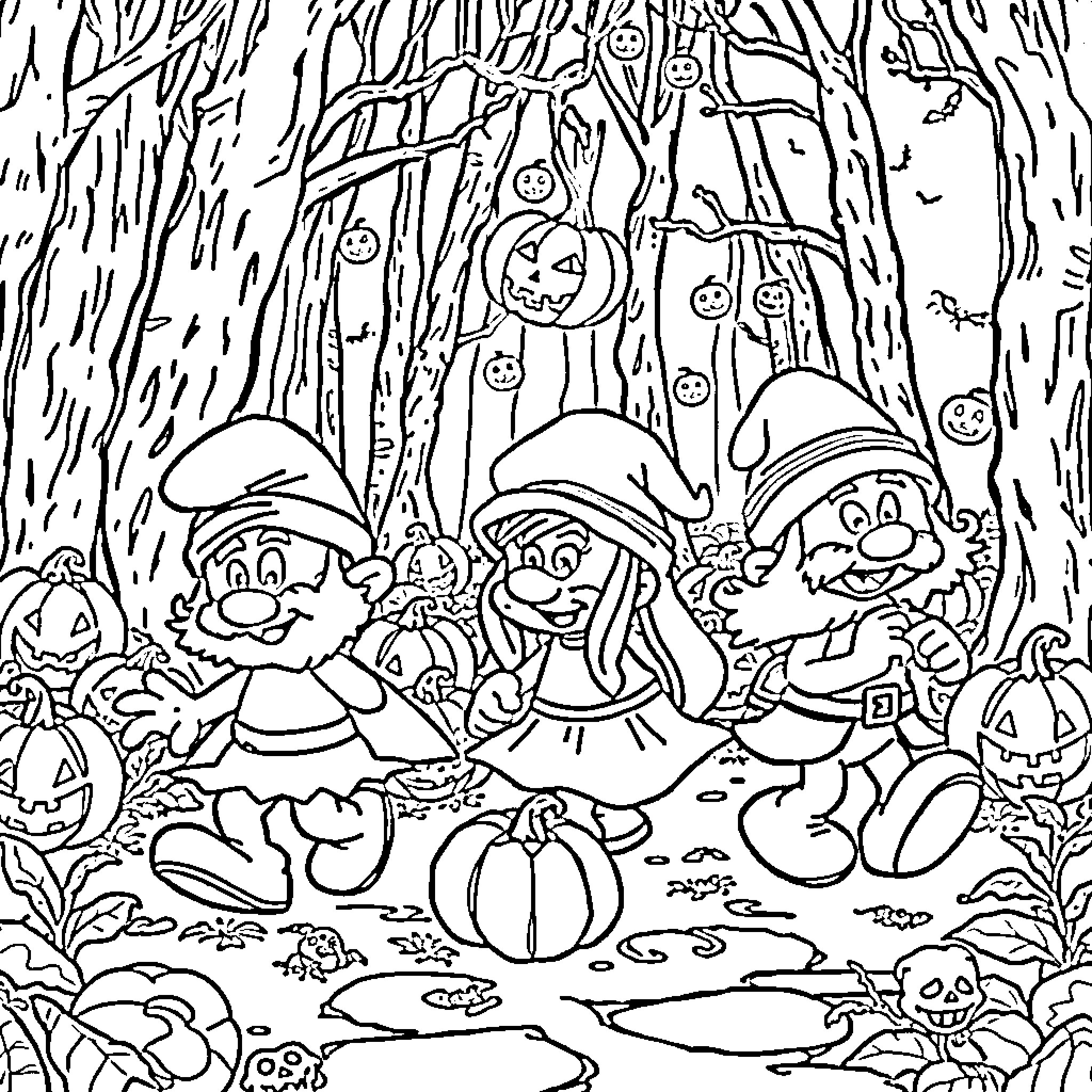 Smurf Halloween Party in the Forest Coloring Page (free black-and-white line drawing printable PDF for all, from beginners to advanced learners, including children, teens, adults, and seniors)